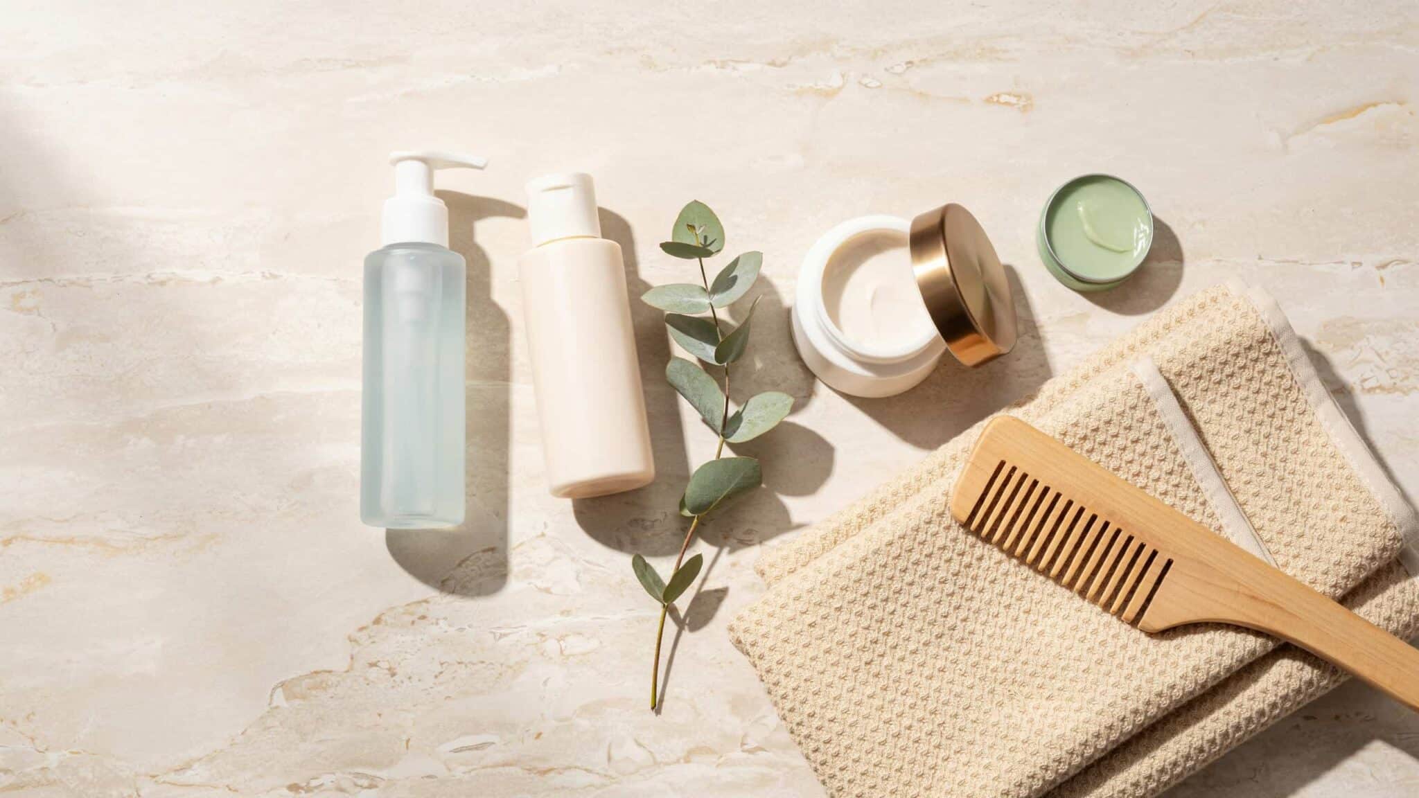 hair care products arranged for before and after hair coloring routine