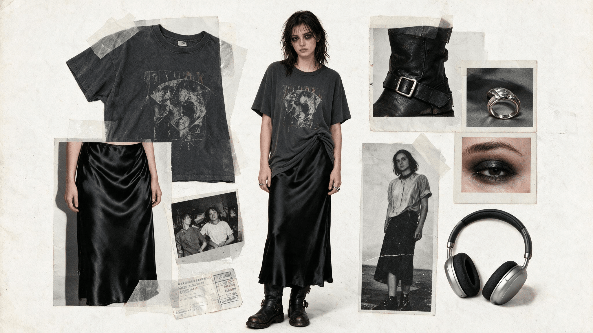 black satin slip skirt with faded band tee worn boots silver rings and simple handmade grunge scrapbook details