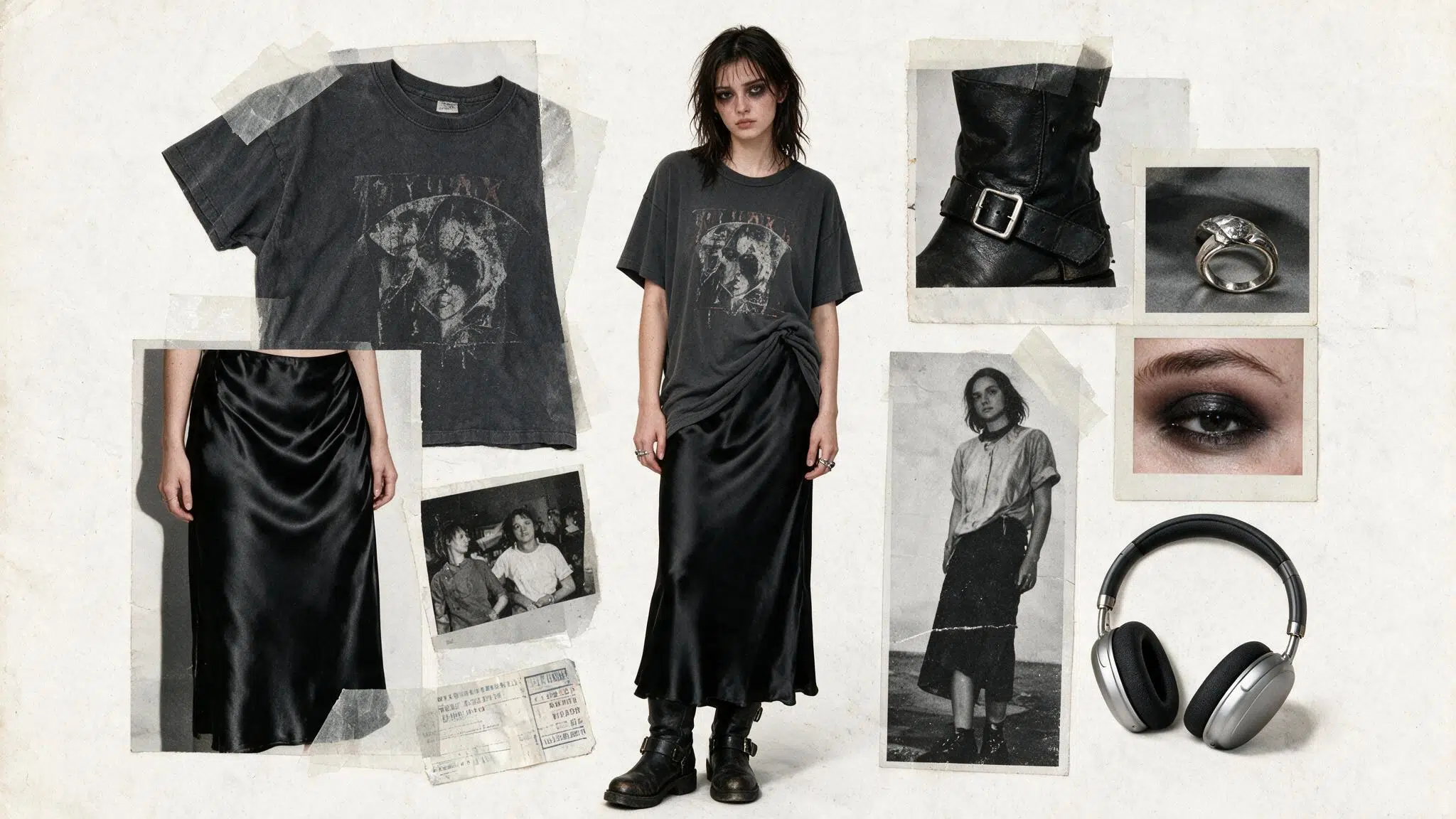 black satin slip skirt with faded band tee worn boots silver rings and simple handmade grunge scrapbook details
