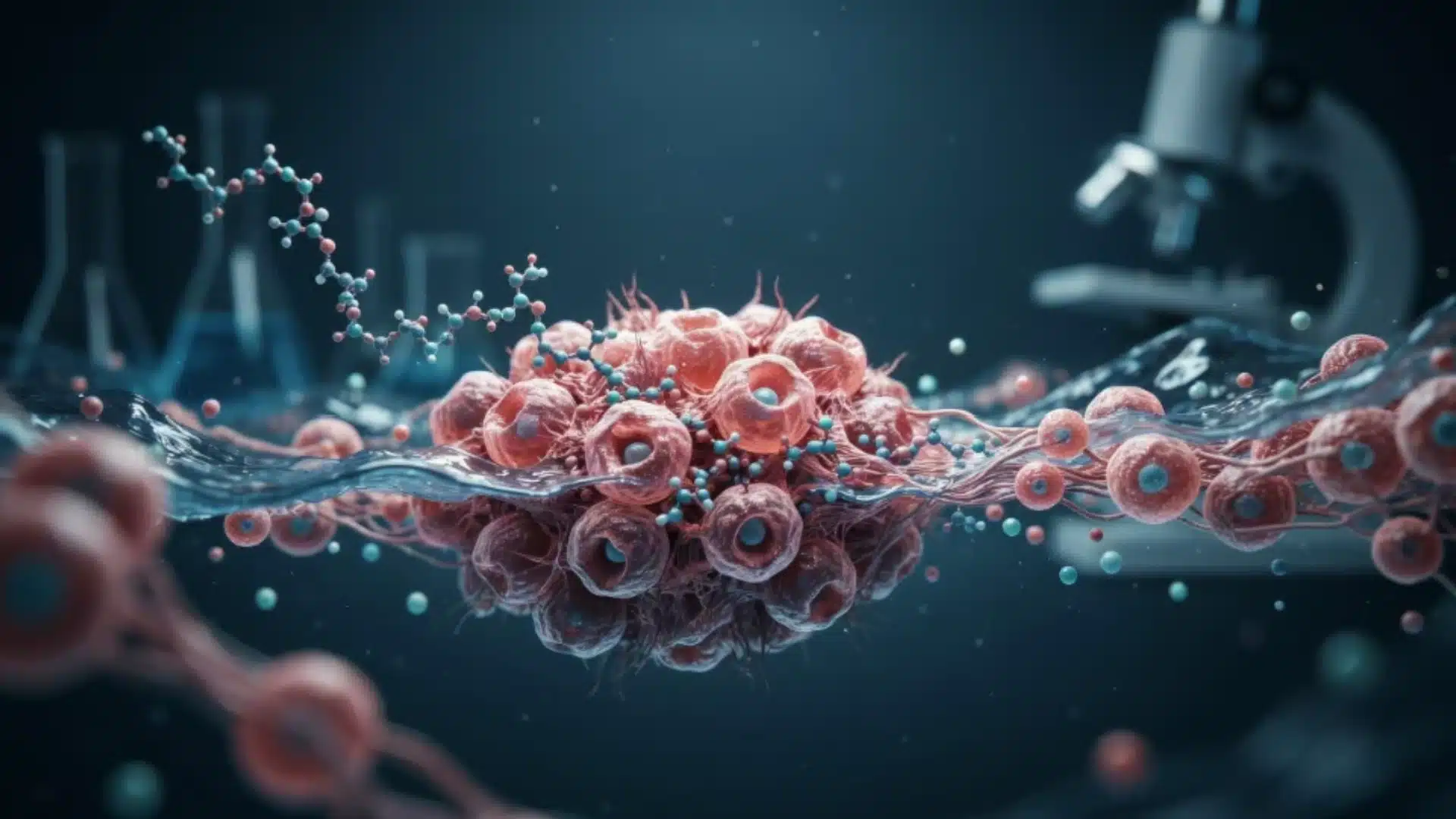 3D illustration of red blood cells and peptide molecule chains floating in liquid near a laboratory microscope