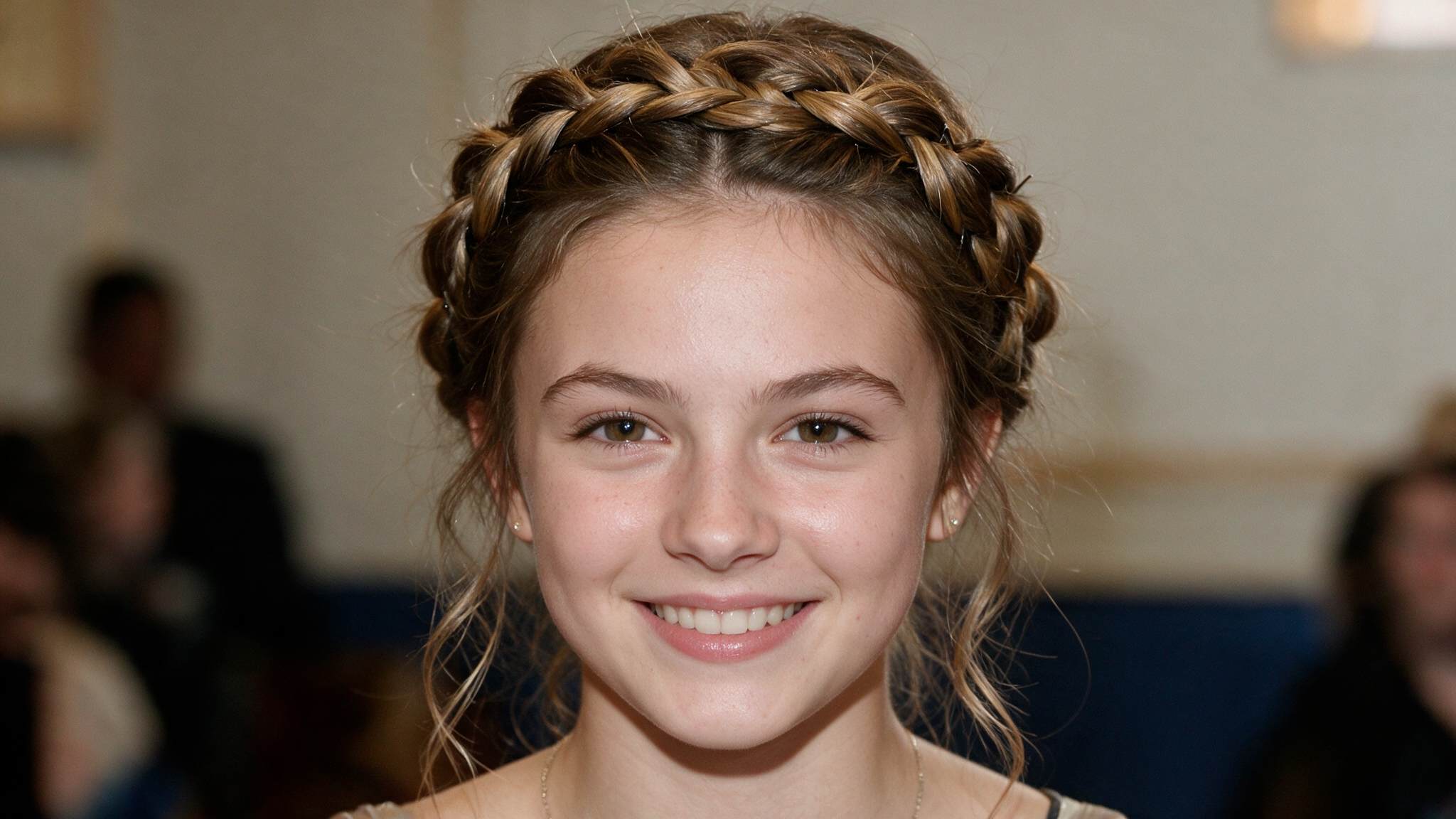 teen girl wearing braided crown updo with realistic braids and loose strands