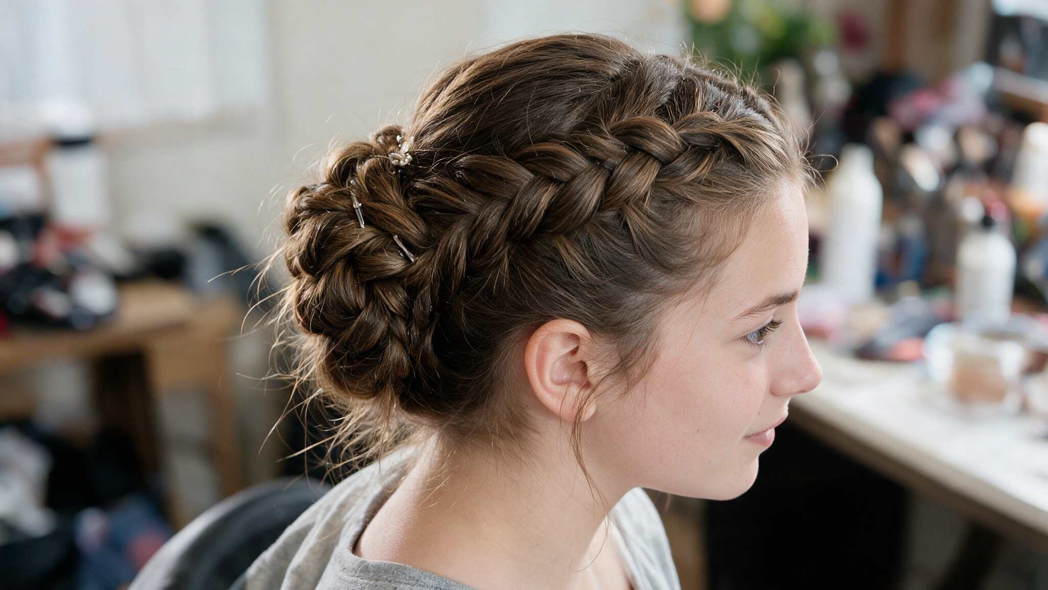 teen girl wearing braided updo with subtle accessories and realistic texture