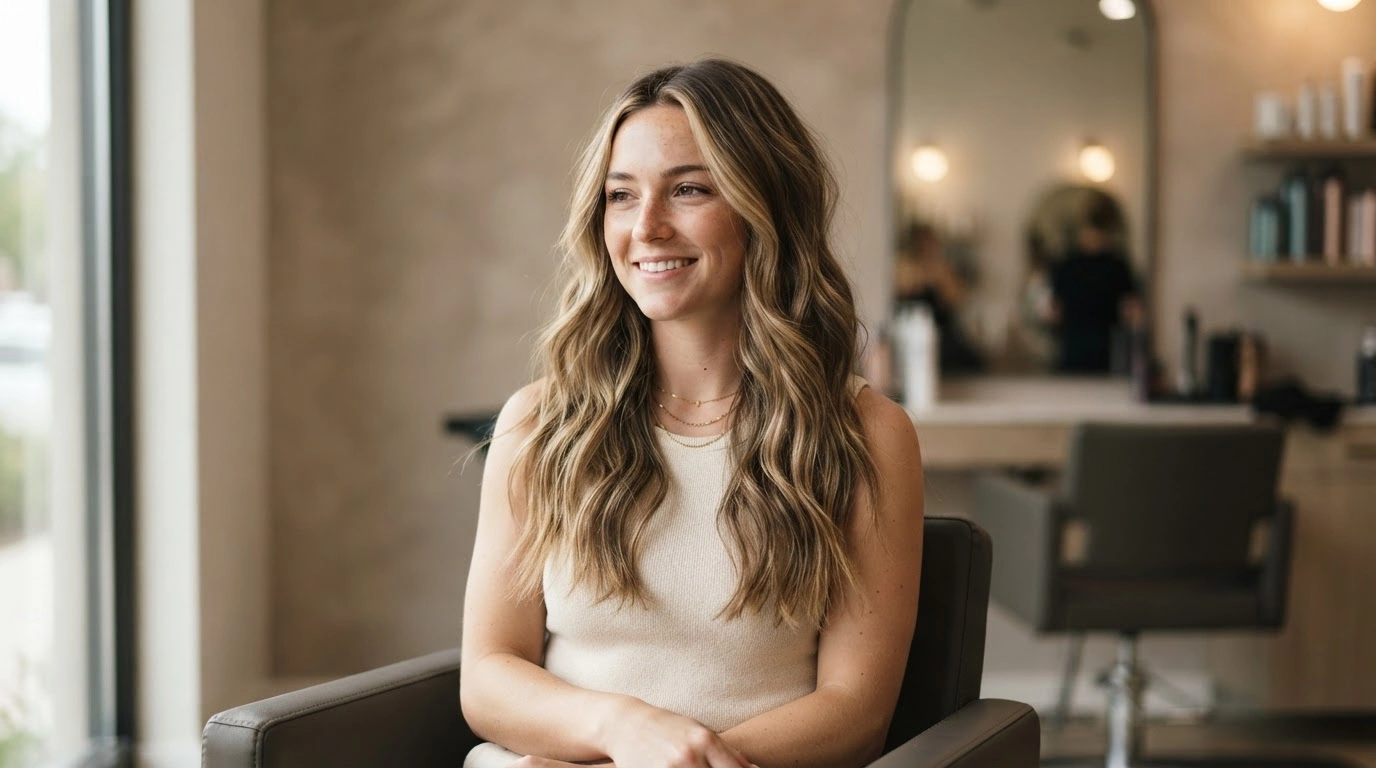 american woman with bronde blonde waves in a modern salon setting