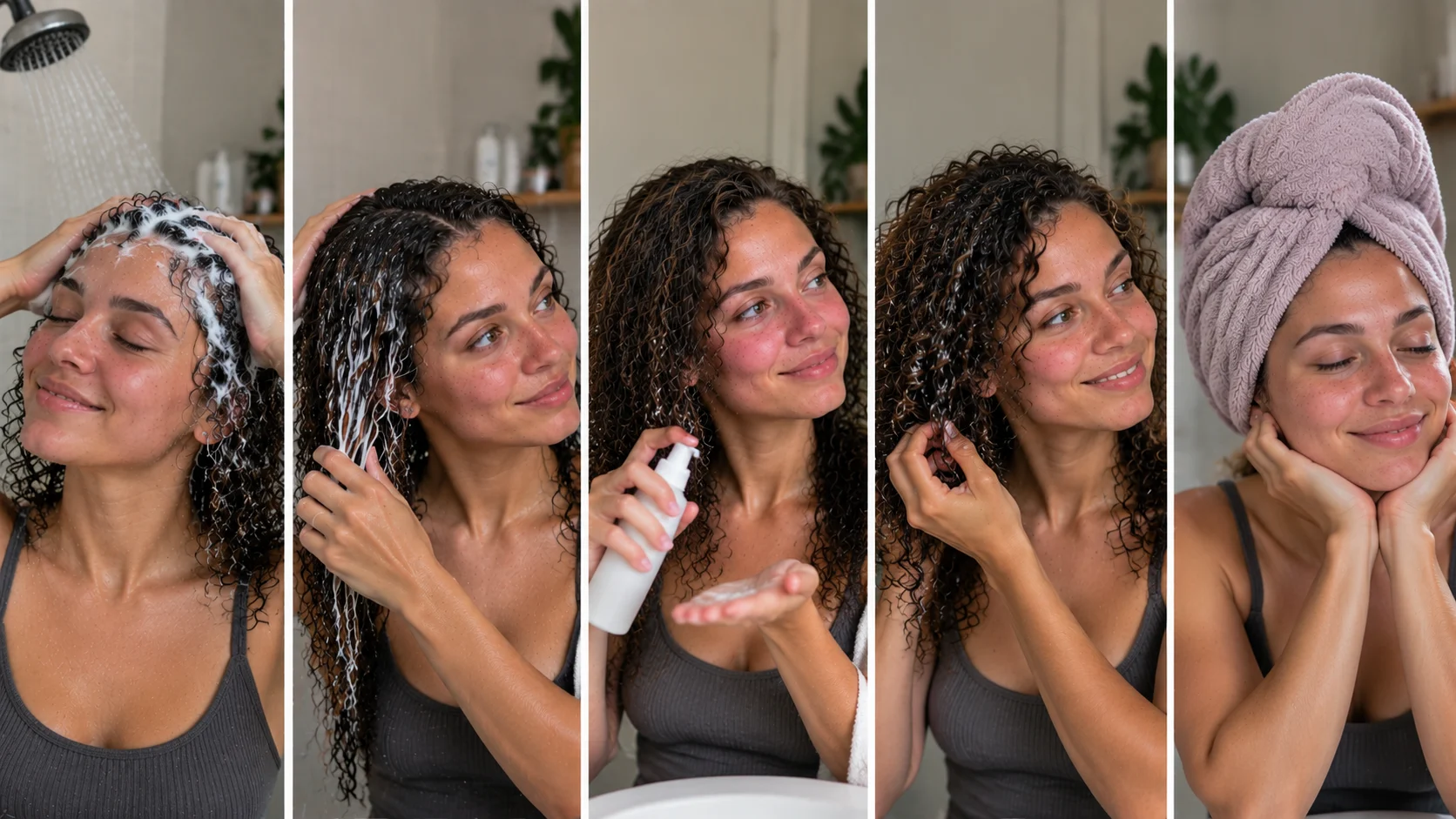 showing a curly-haired woman shampooing, applying conditioner, using product, styling curls, and wrapping hair in a towel