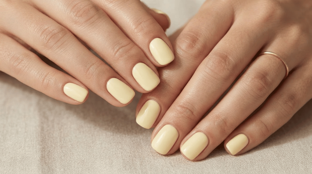 short square nails painted pale creamy butter yellow on both hands resting over neutral beige fabric