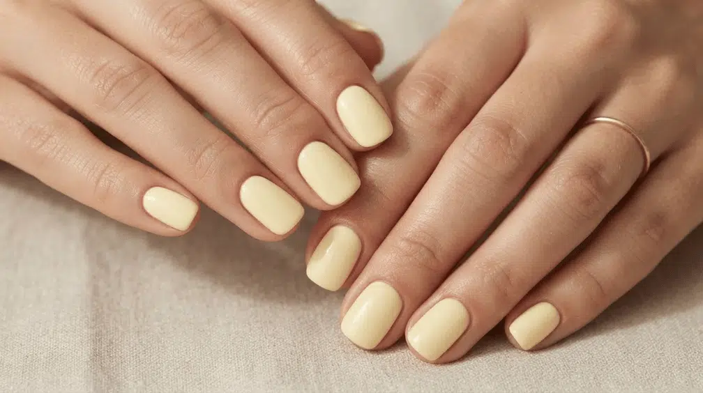 short square nails painted pale creamy butter yellow on both hands resting over neutral beige fabric