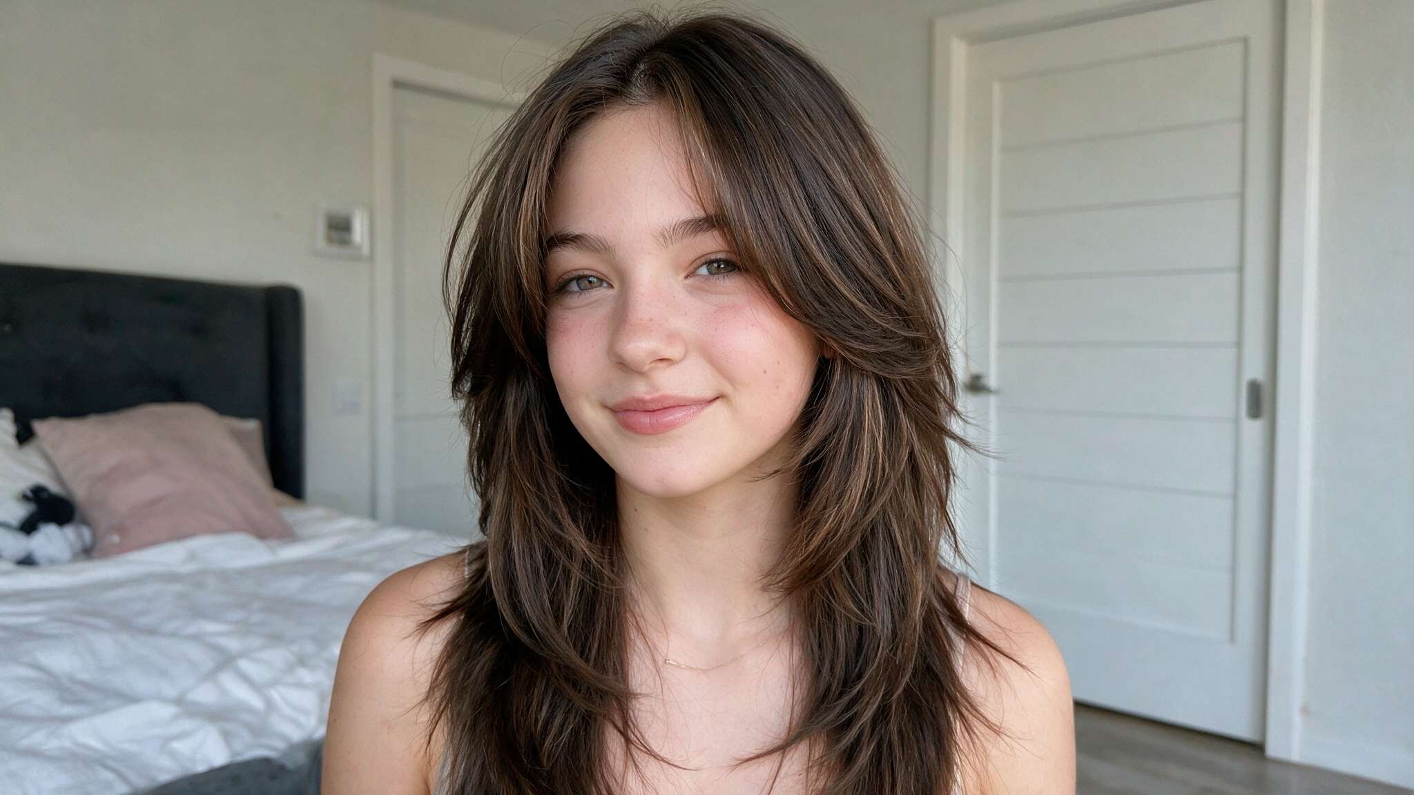 teen girl wearing butterfly cut with layered volume and natural movement