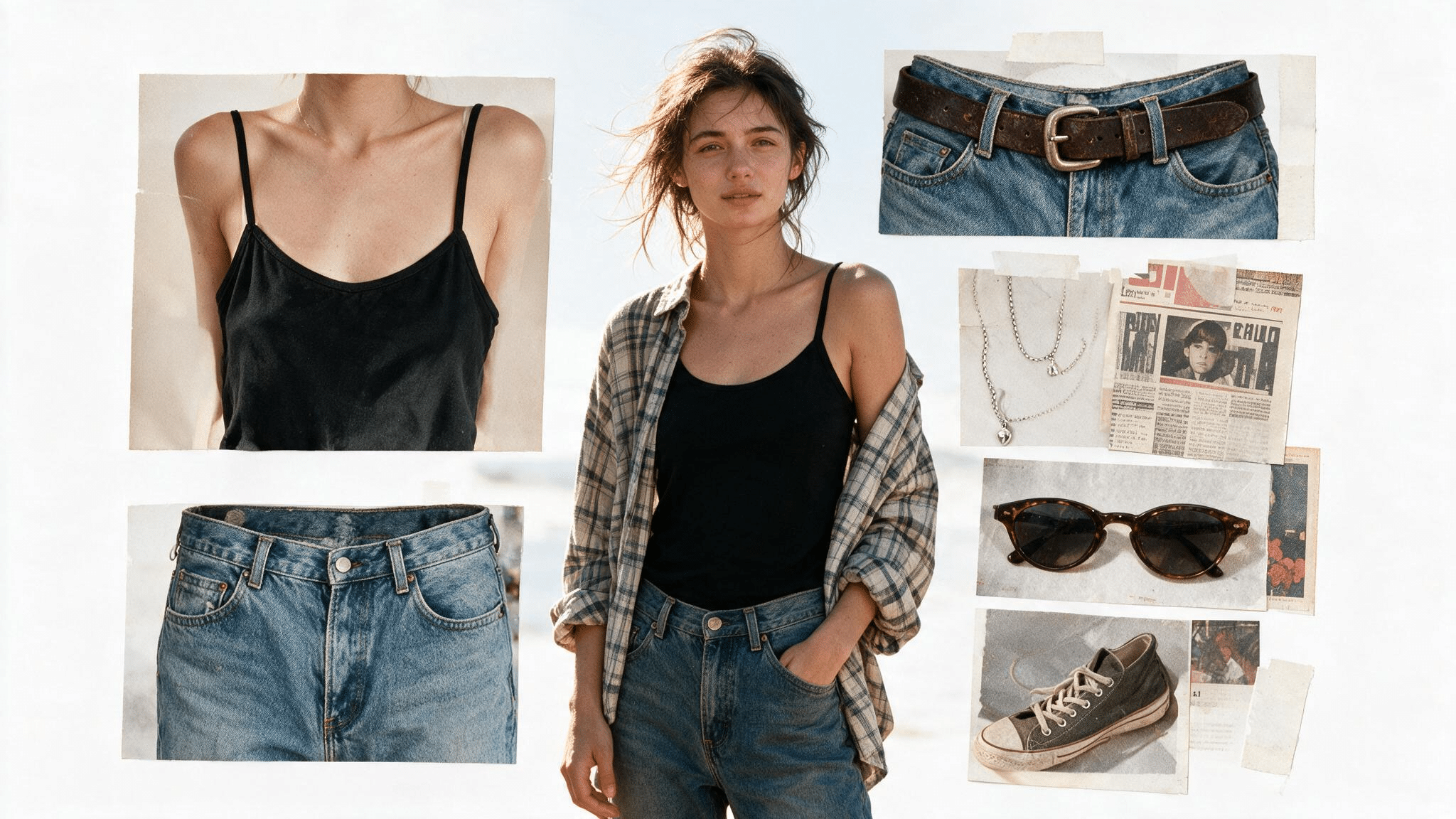 black camisole with faded vintage jeans open plaid shirt and light handmade warm weather grunge collage details