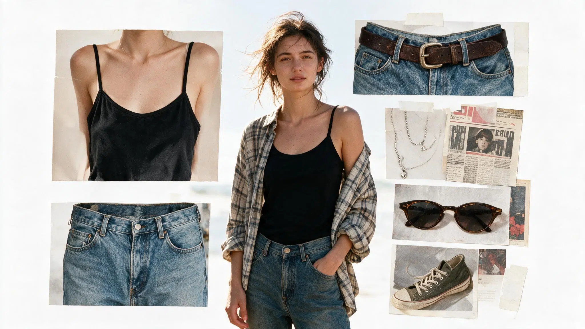 black camisole with faded vintage jeans open plaid shirt and light handmade warm weather grunge collage details