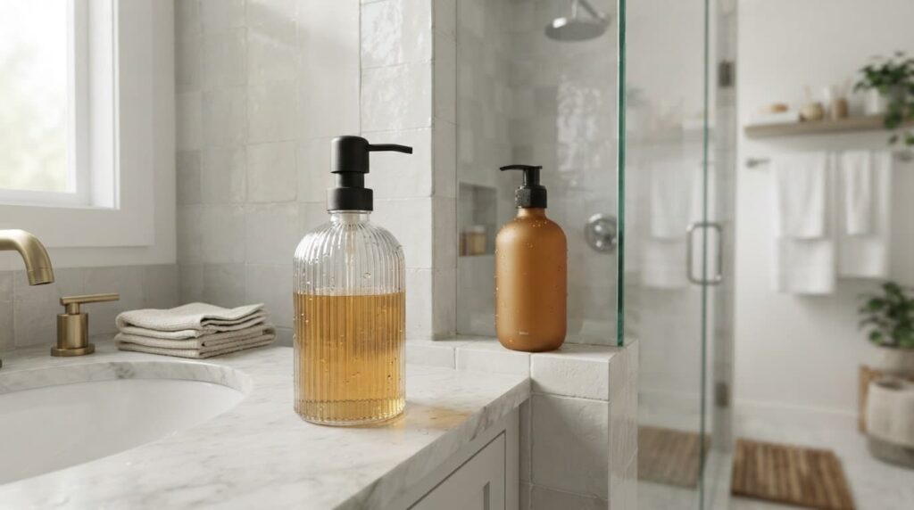 hand soap and body wash bottles placed together in a modern bathroom