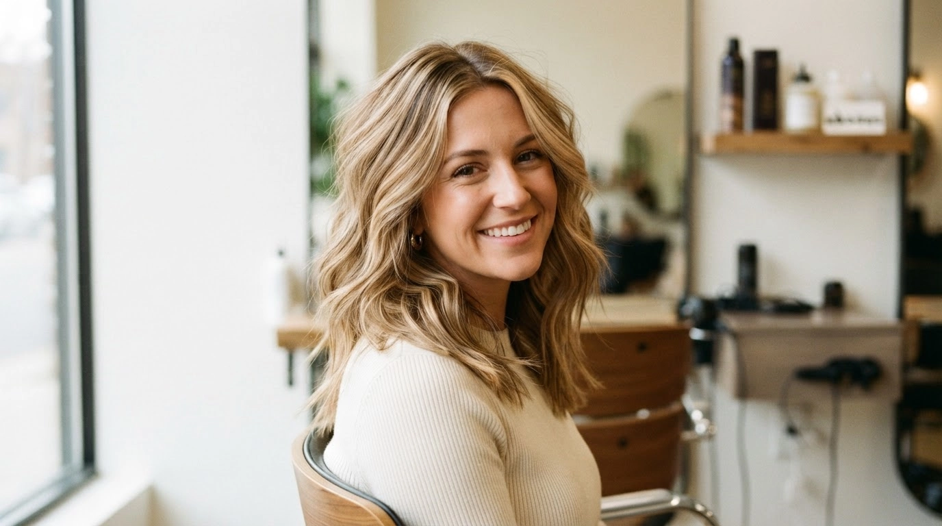 american woman with caramel ribbon blonde hair and textured layers