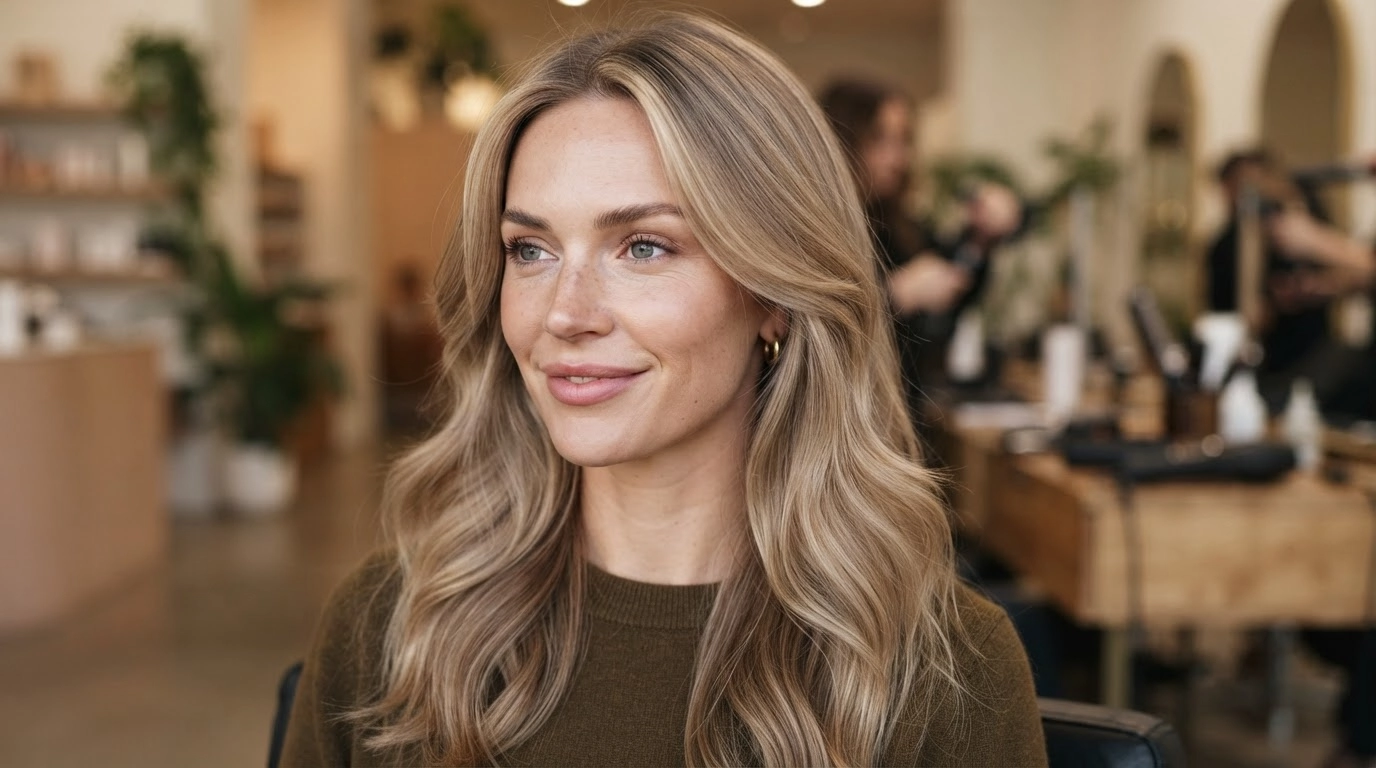 american woman with smooth cashmere blonde hair in bright salon
