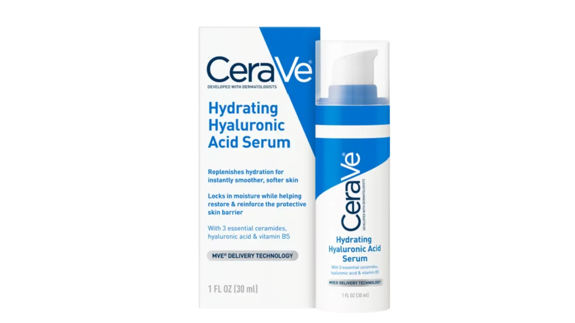 cerave hydrating hyaluronic acid serum box and pump bottle, fl oz, shown together on a white background