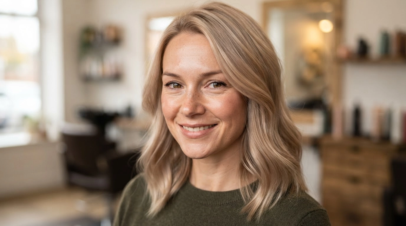 american woman with champagne blonde hair and soft beige tones in salon