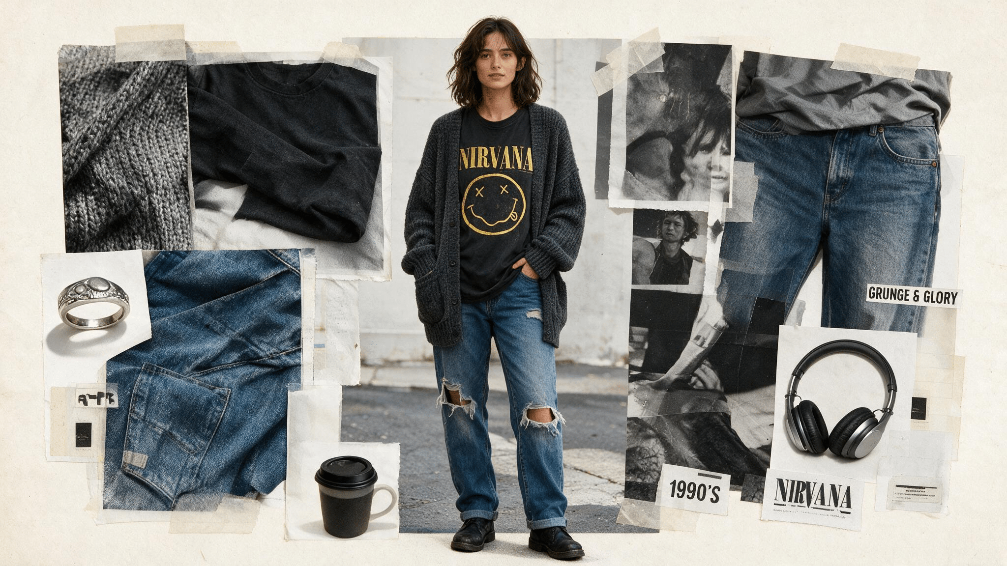 charcoal cardigan with washed black tee loose denim dark shoes and minimalist handmade modern grunge moodboard details
