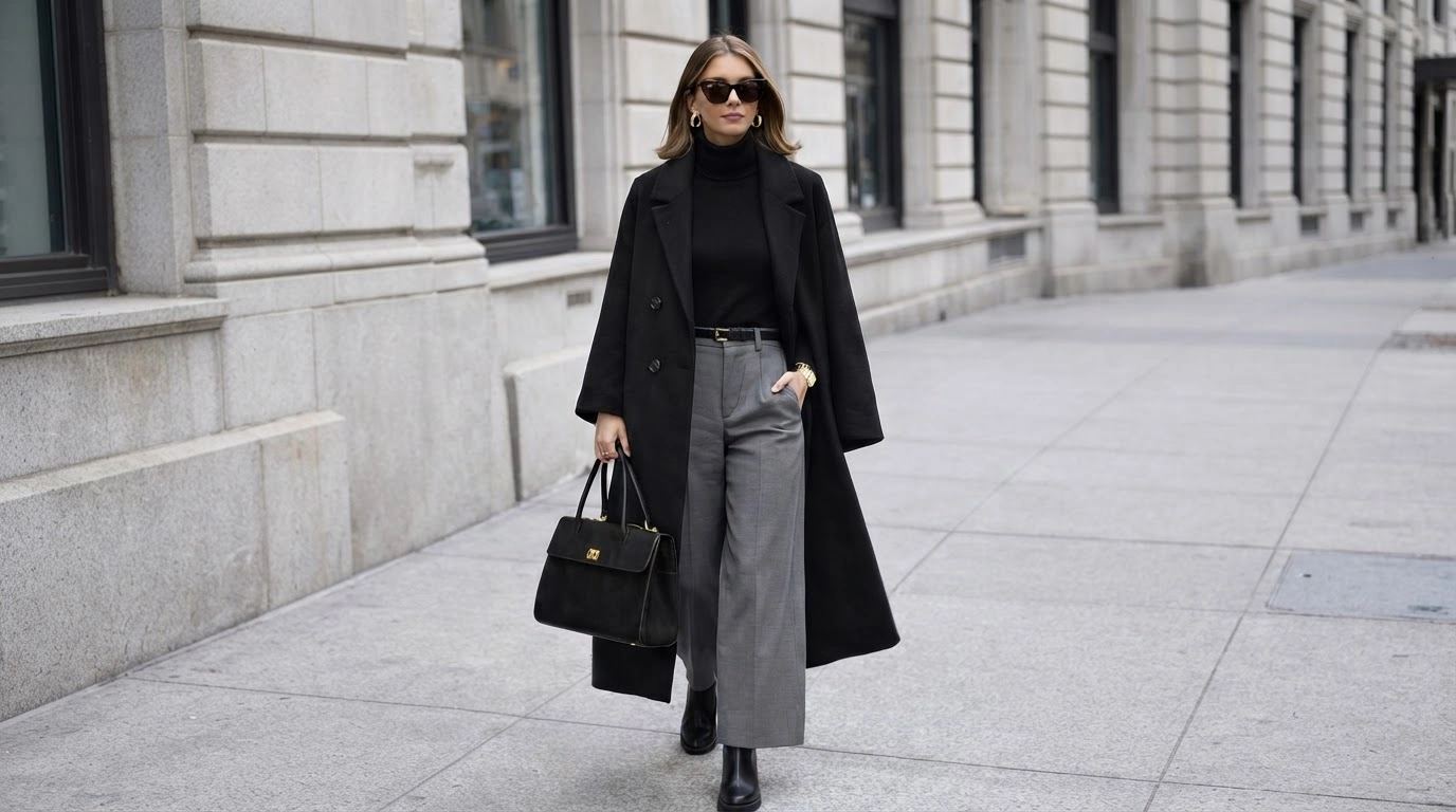 woman in charcoal grey trousers with a black coat and ankle boots on a polished city sidewalk