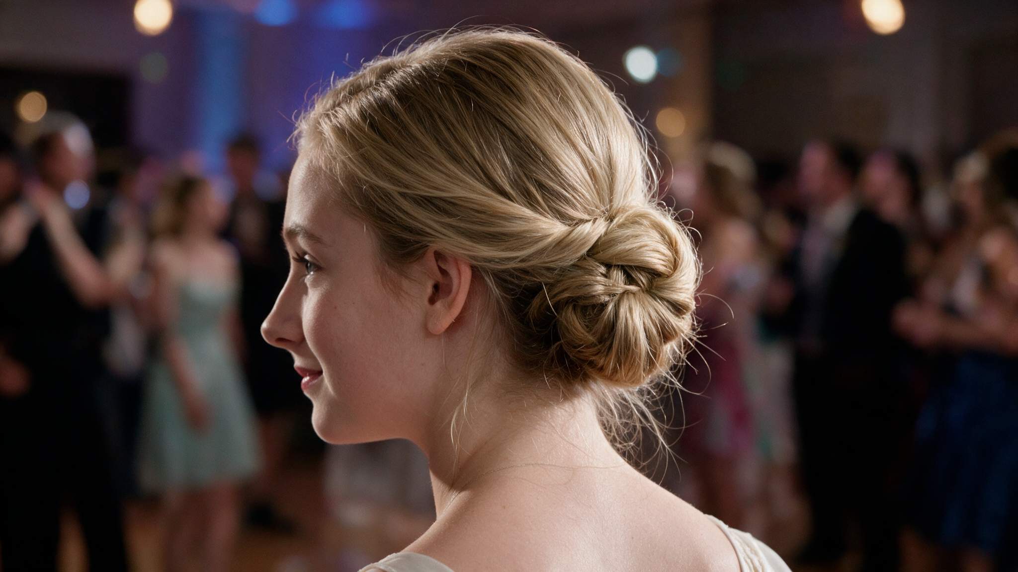 teen girl wearing simple chignon with realistic texture and loose strands