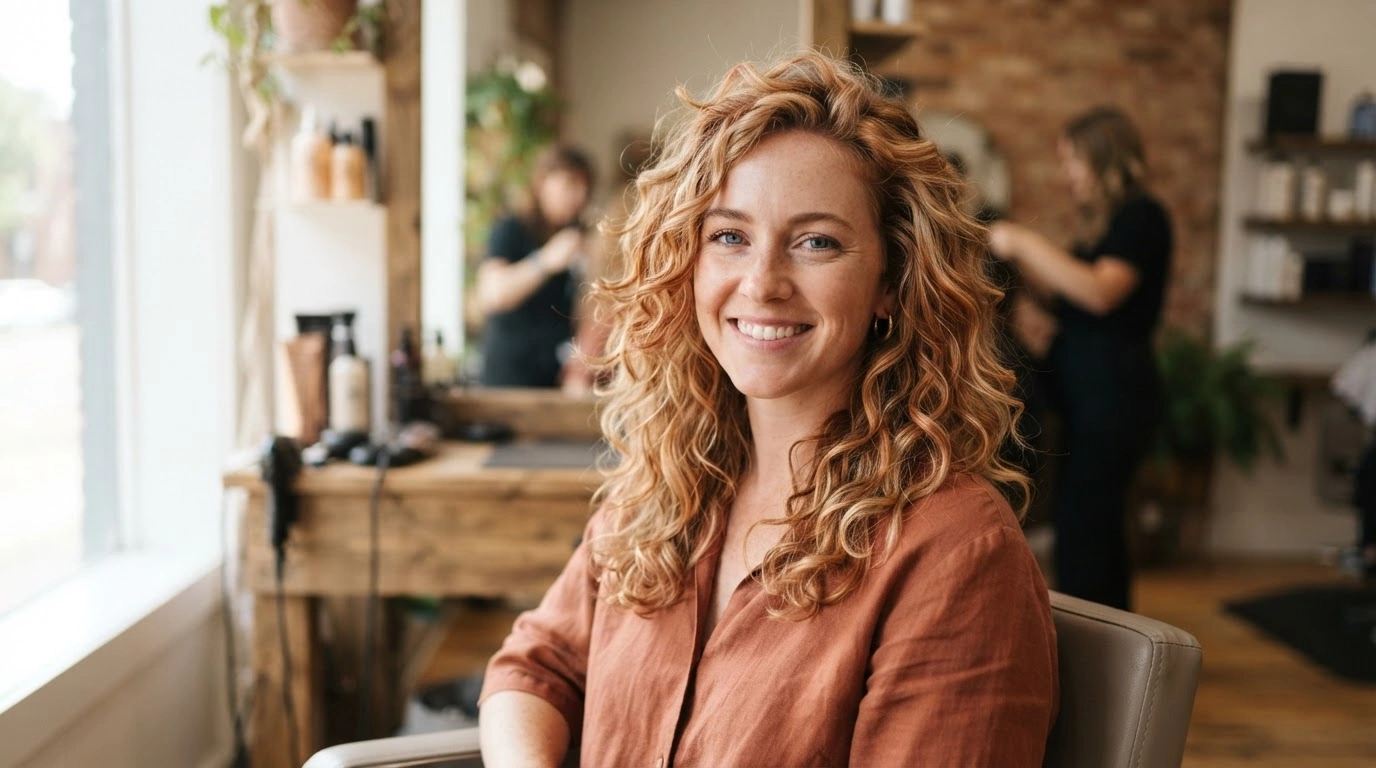 american woman with cinnamon blonde curls and copper warmth