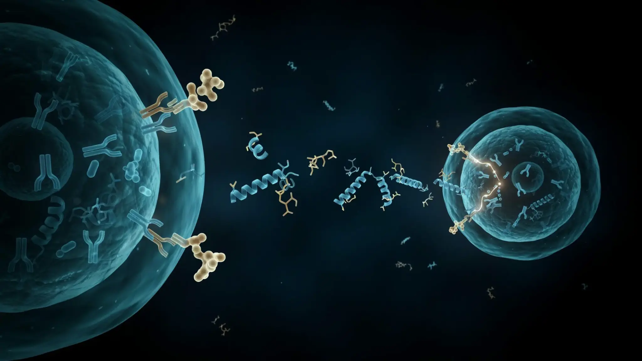 3D rendering of peptide molecules and receptors traveling between two cells against a dark blue background
