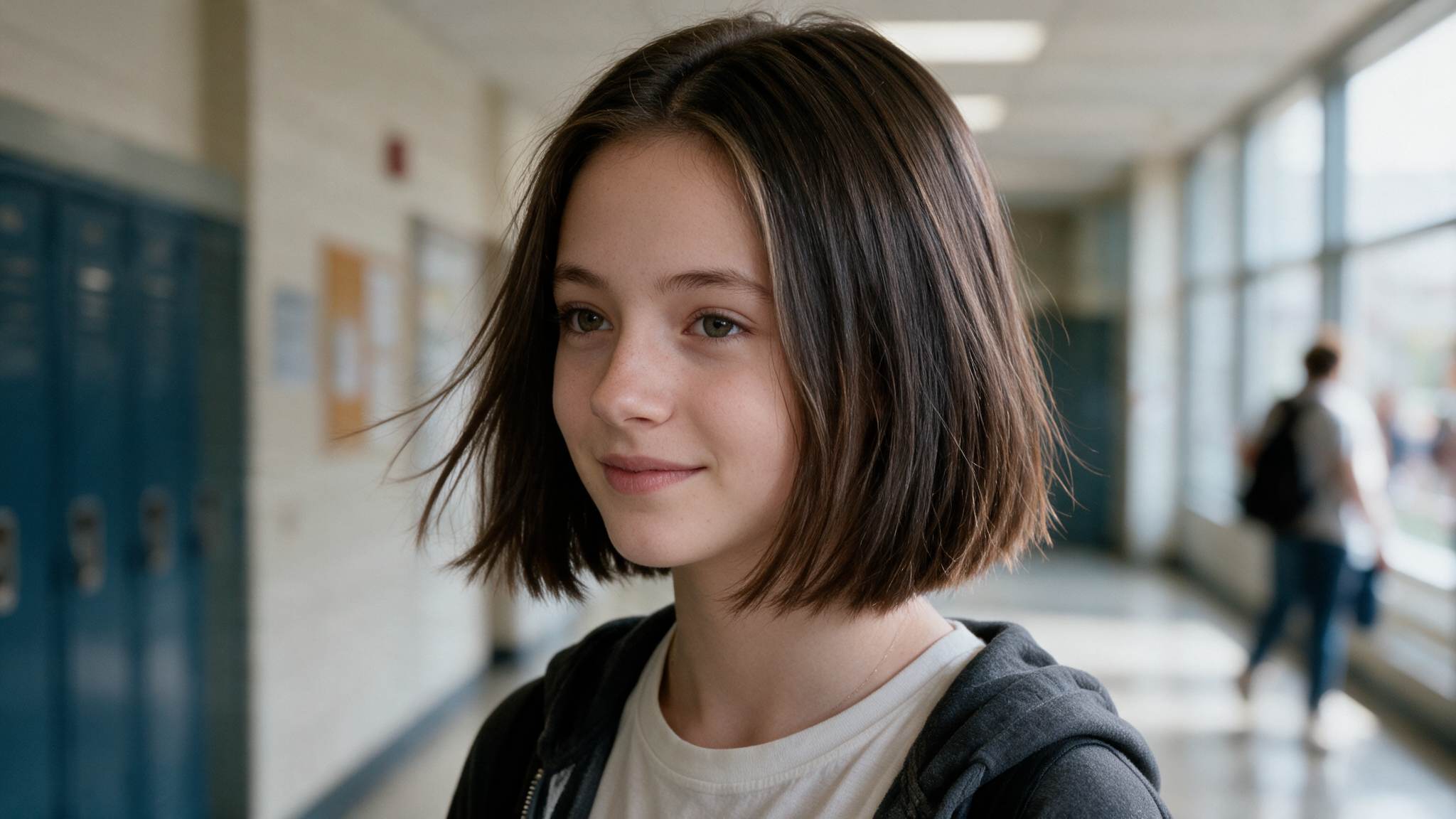 teen girl wearing classic bob haircut with realistic natural hair movement