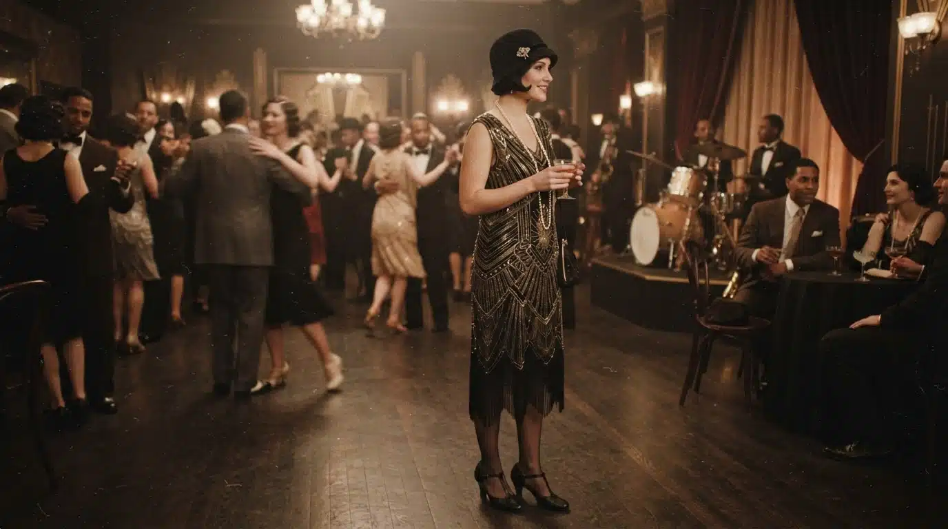 woman in flapper harlem dress with cloche hat, pearls, and t-strap shoes at night indoors