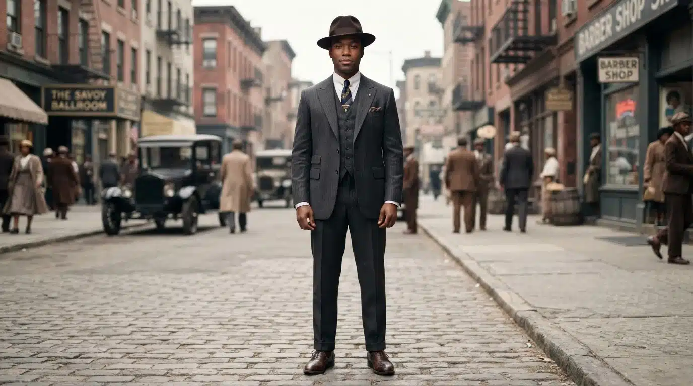 man in three-piece harlem renaissance suit with tie, fedora, pocket square and dress shoes