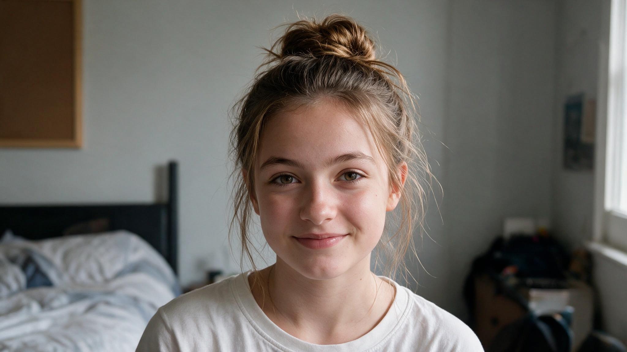 teen girl wearing messy bun with loose strands and natural everyday hair texture