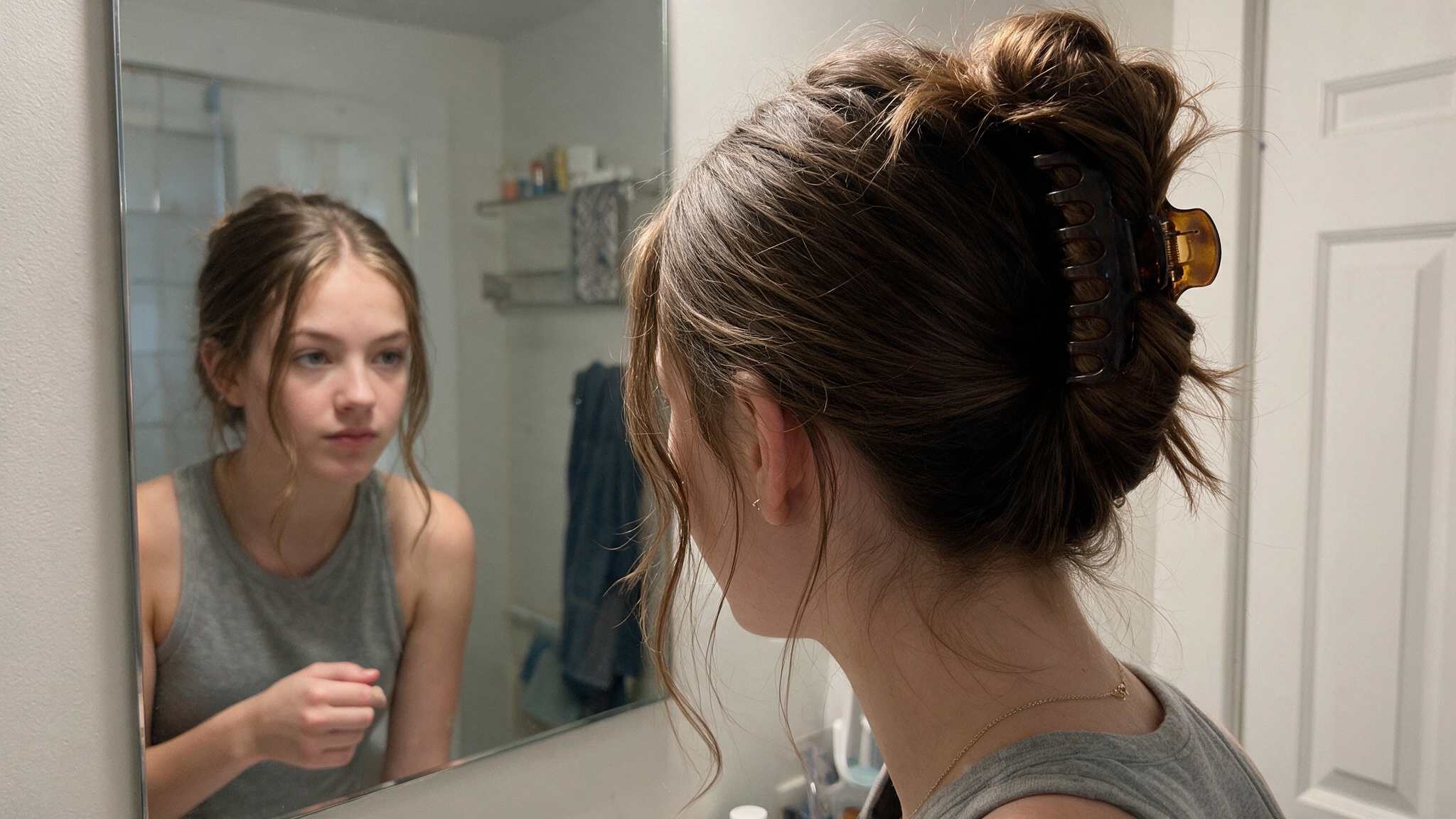 teen girl wearing claw clip updo with loose strands and realistic texture