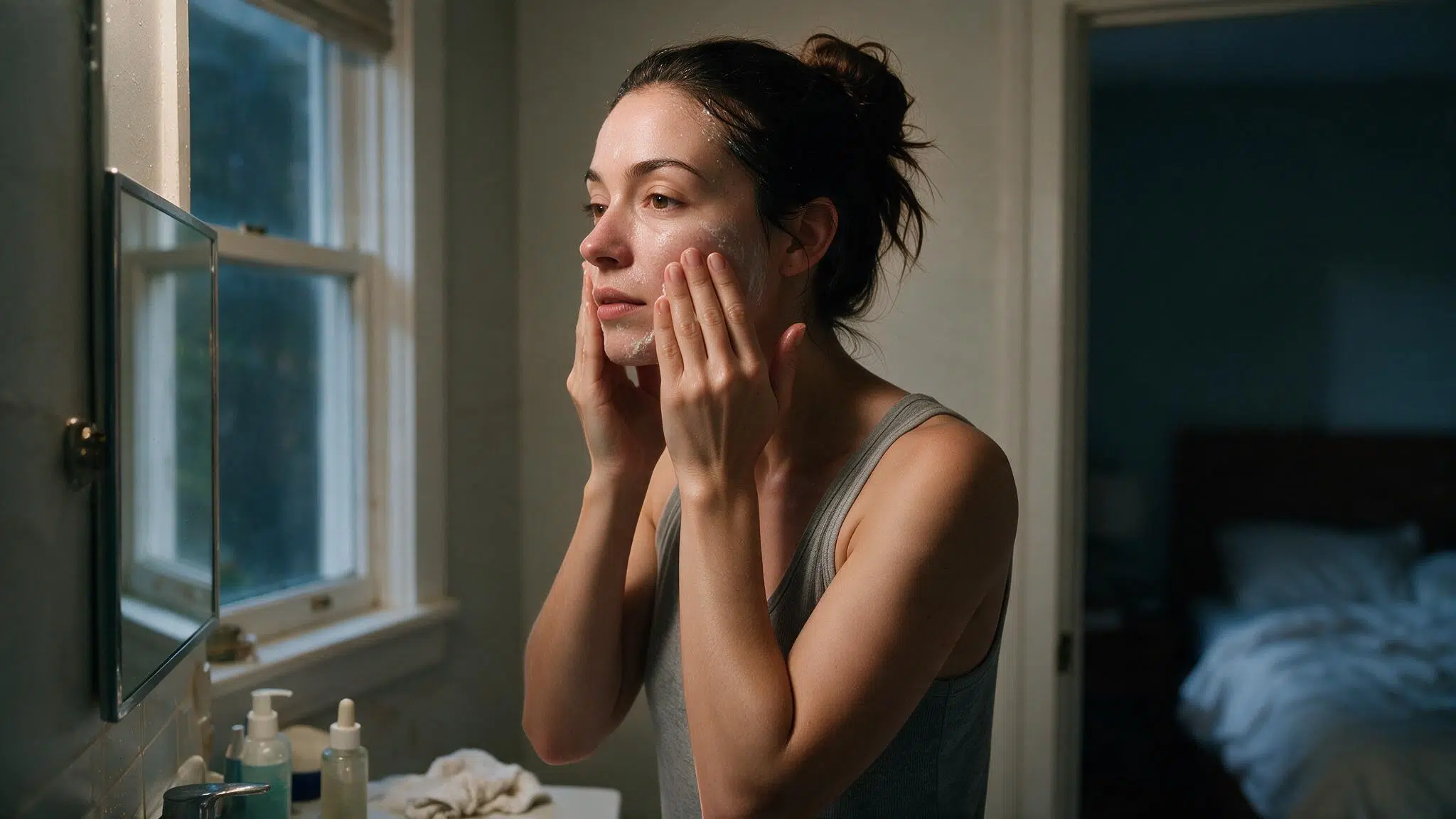 woman removing makeup and sunscreen at night with gentle cleanser in warm bathroom skincare setting
