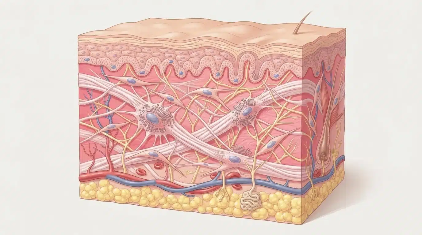 Cross-section illustration of skin layers showing collagen fibers, fibroblasts, blood vessels, and fat cells beneath