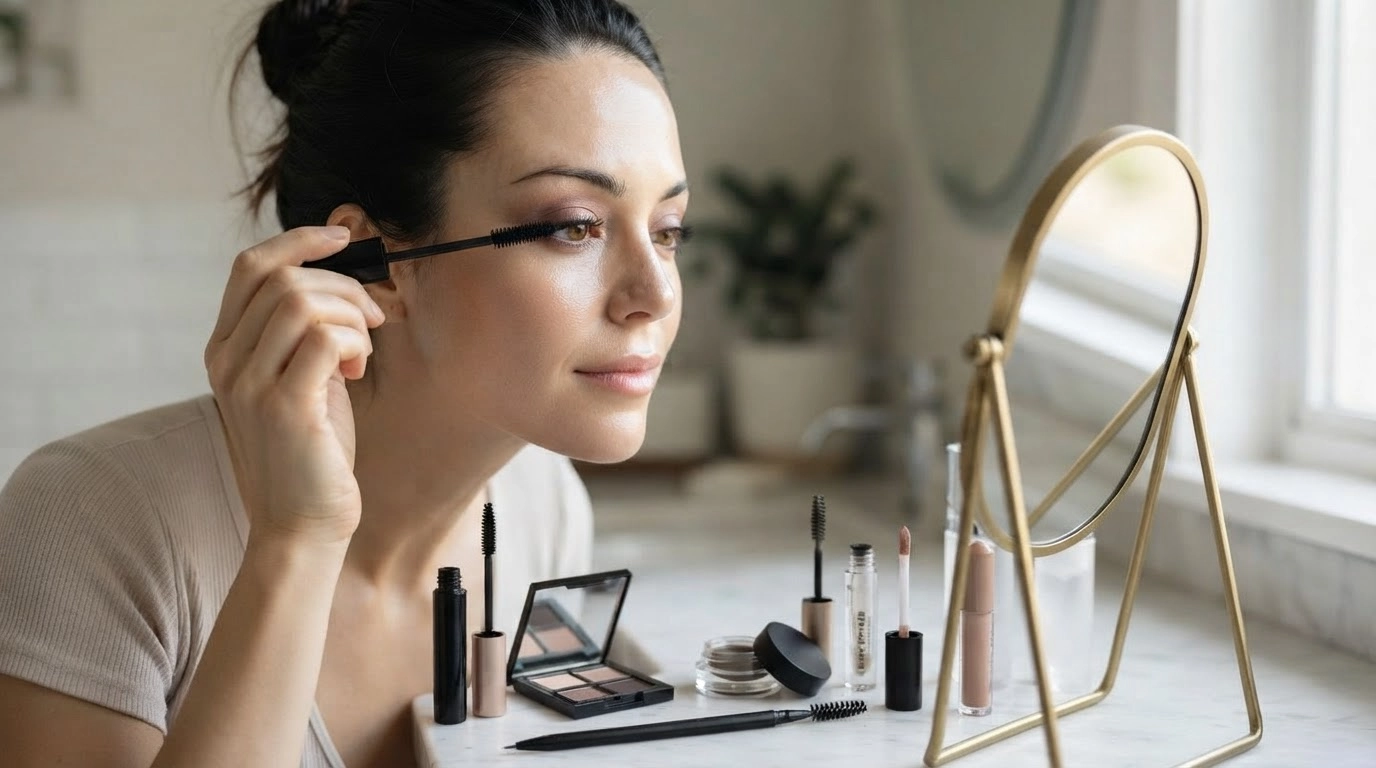 woman finishing eye and lip makeup with mascara and beauty products nearby