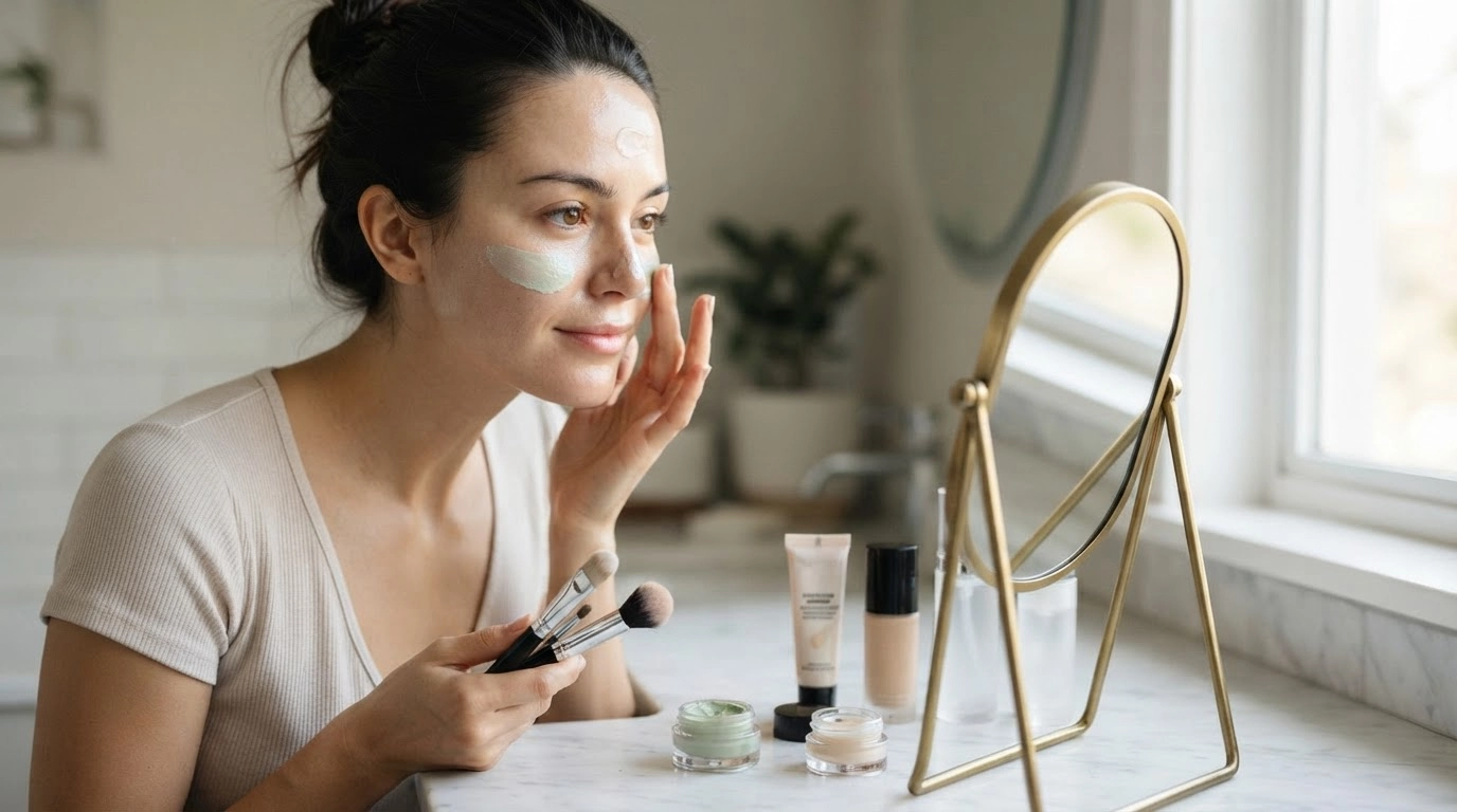 woman applying primer and color corrector before makeup for smooth skin base