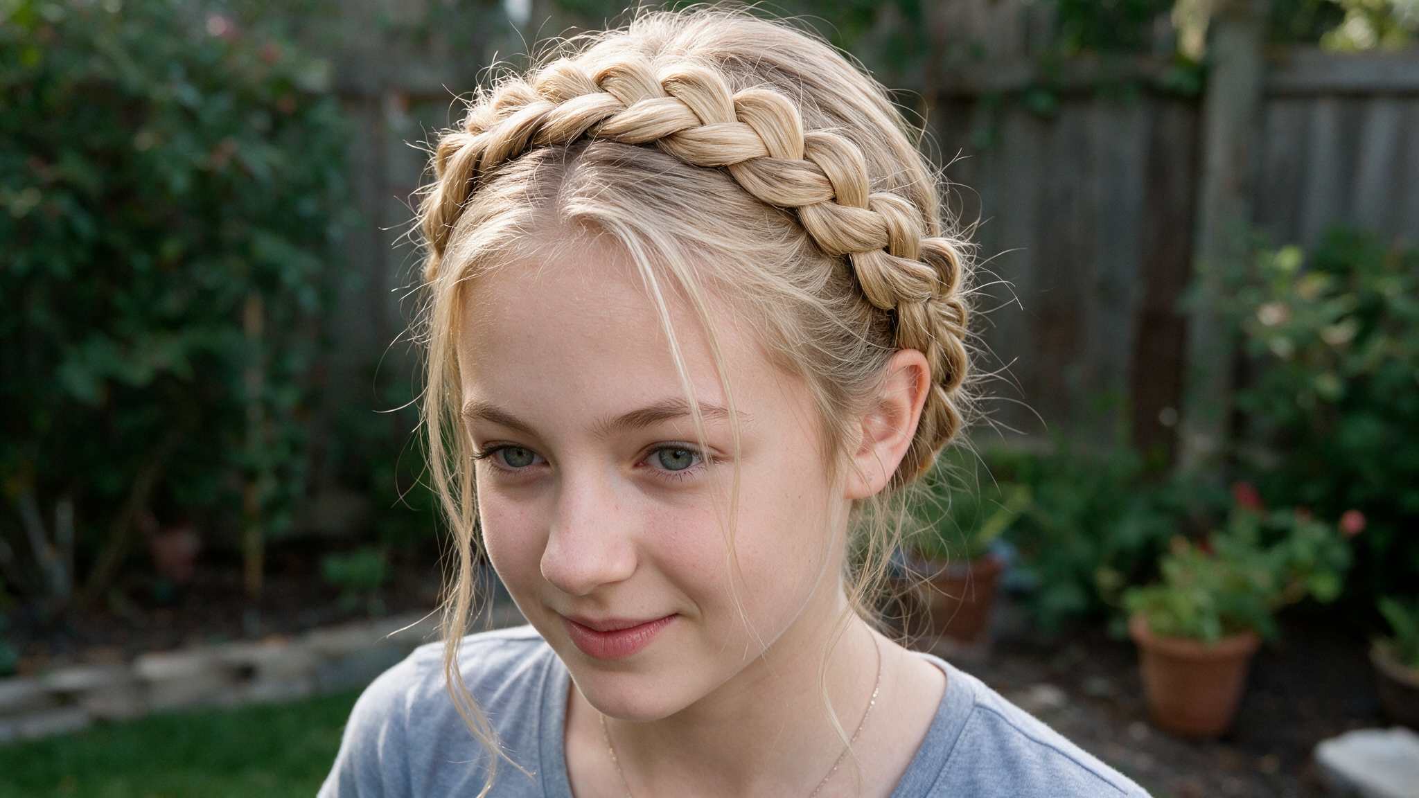 teen girl wearing crown braid with realistic texture and loose face framing strands