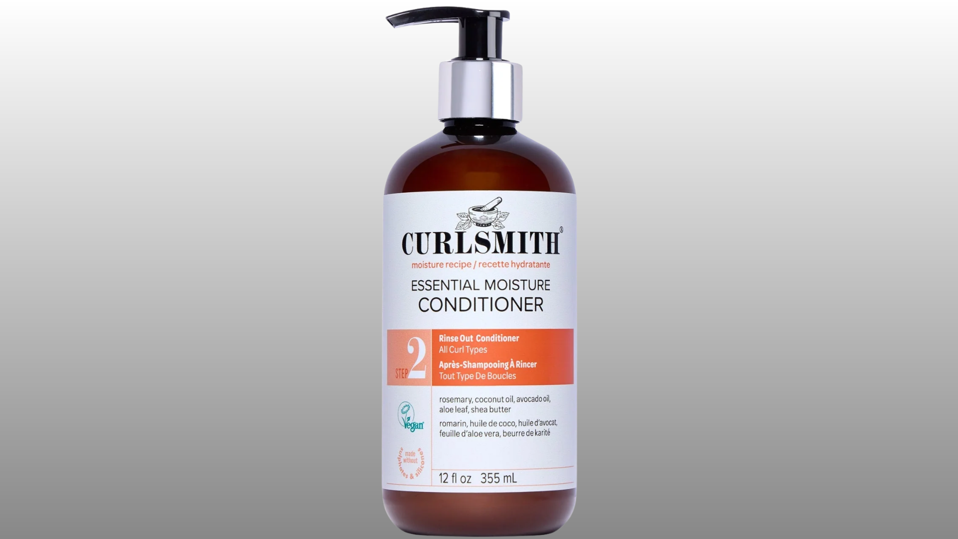 curlsmith essential moisture conditioner bottle with pump dispenser and white label on gray background for hair care display