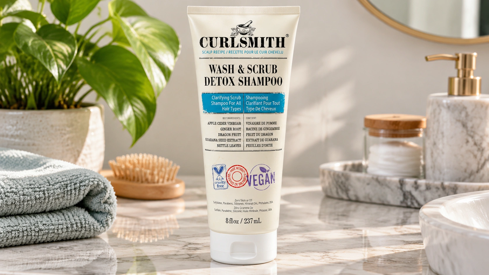 curlsmith wash and scrub detox shampoo tube on a bright bathroom vanity setup