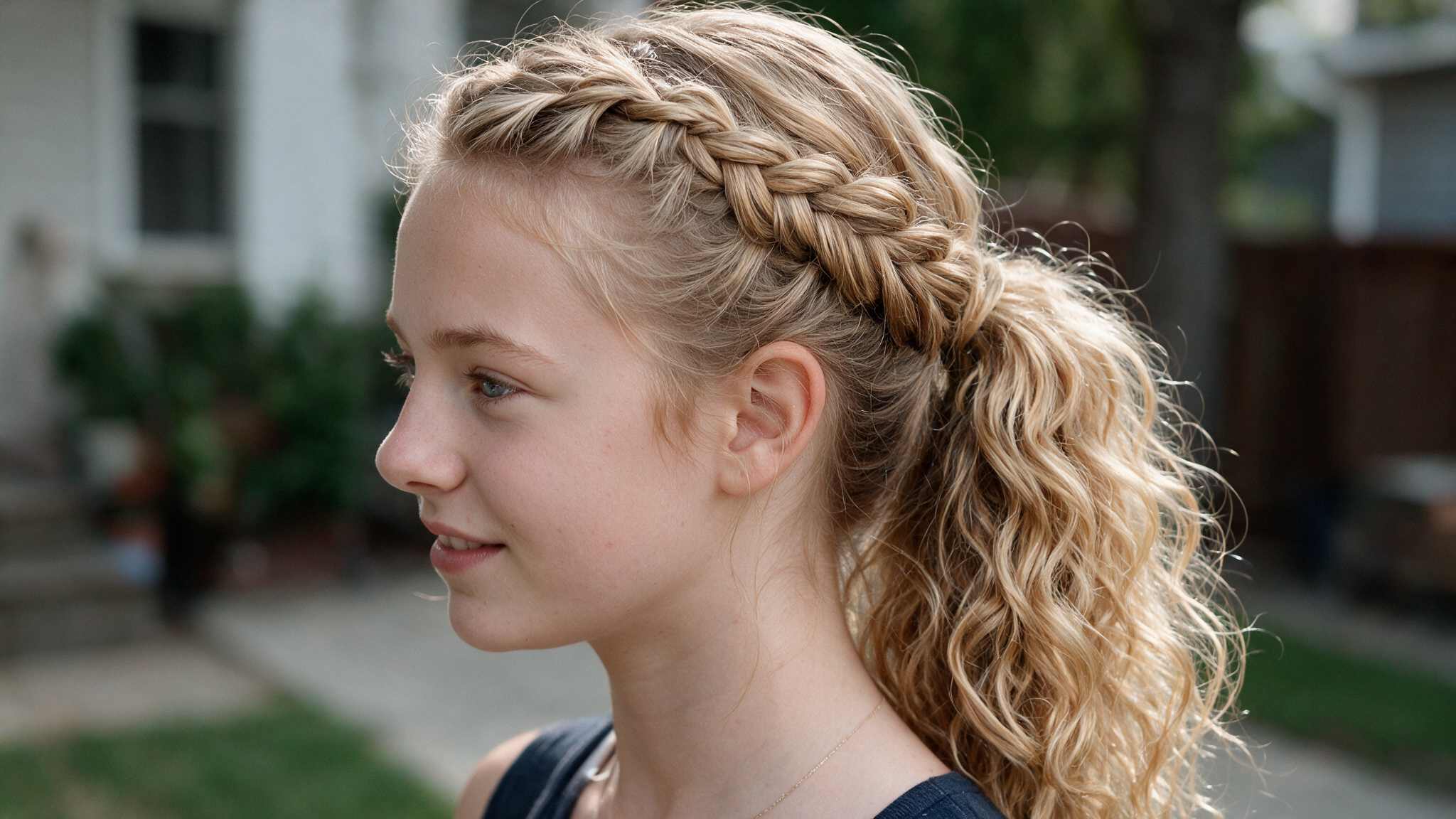 teen girl wearing curly ponytail with natural defined curls and texture