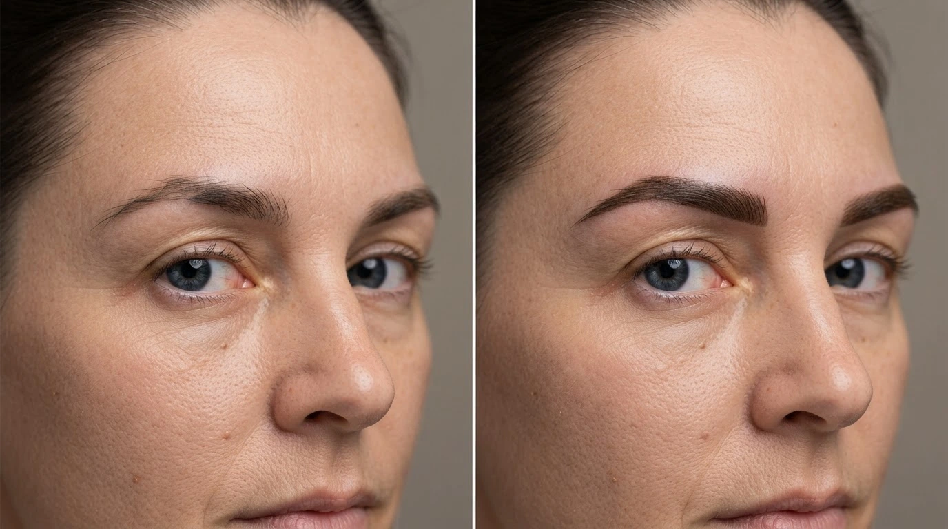 dark eyebrow tint before and after on white american woman with subtle definition and realistic skin texture