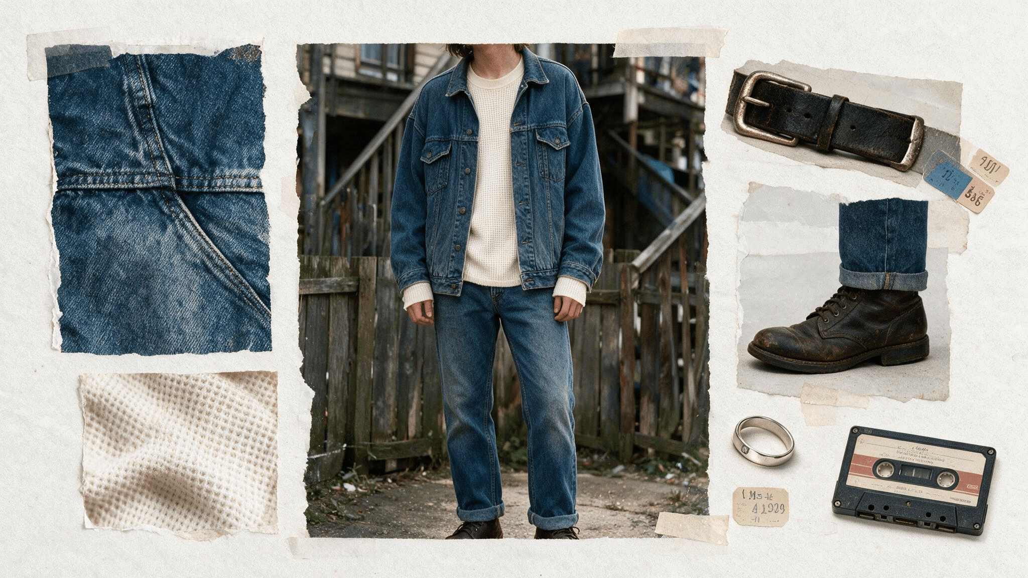 faded denim jacket over a waffle knit thermal with straight jeans worn shoes and everyday grunge moodboard details