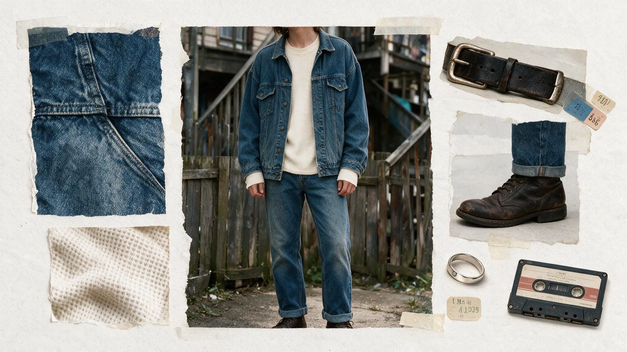 faded denim jacket over a waffle knit thermal with straight jeans worn shoes and everyday grunge moodboard details