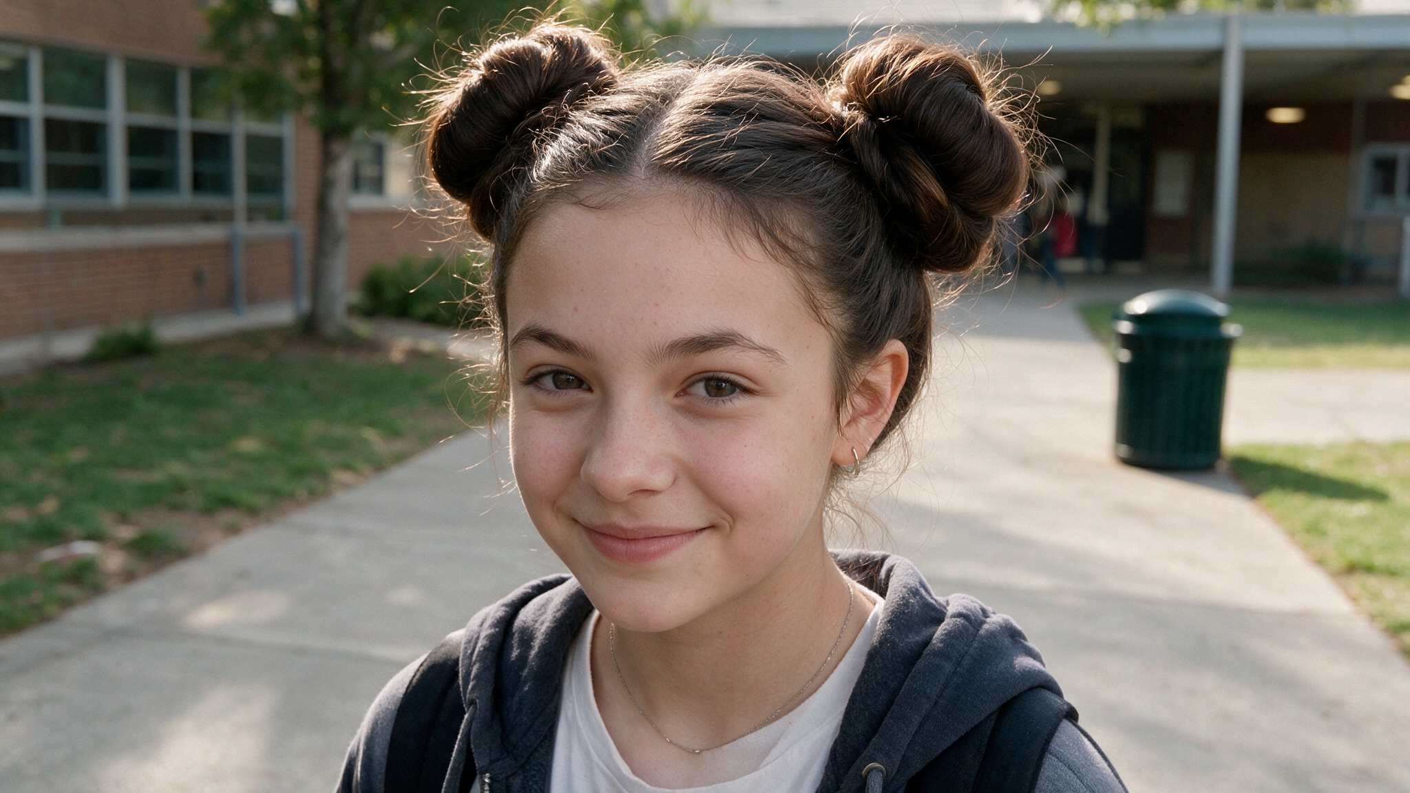 teen girl wearing double buns with natural texture and loose everyday strands