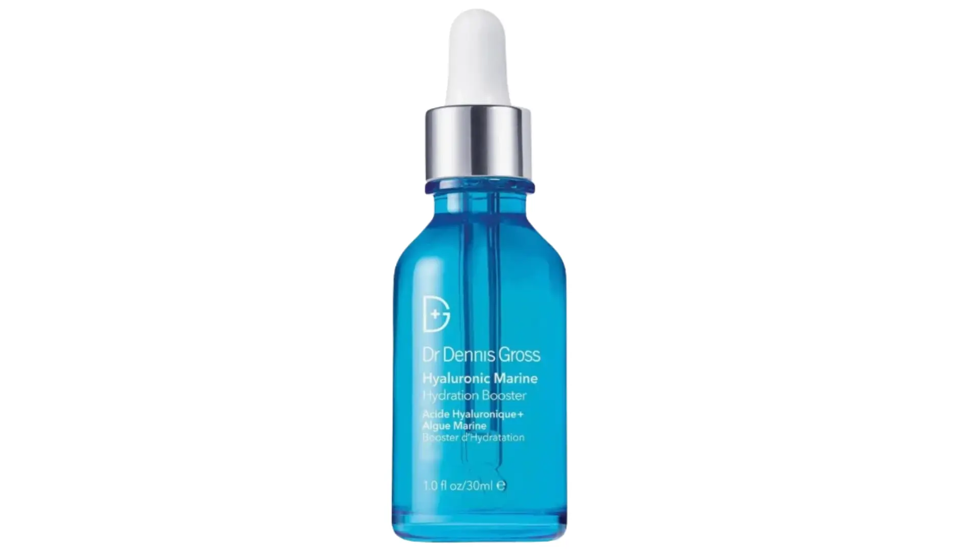 blue dr dennis gross hyaluronic marine hydration booster serum bottle with silver dropper on a clean white background