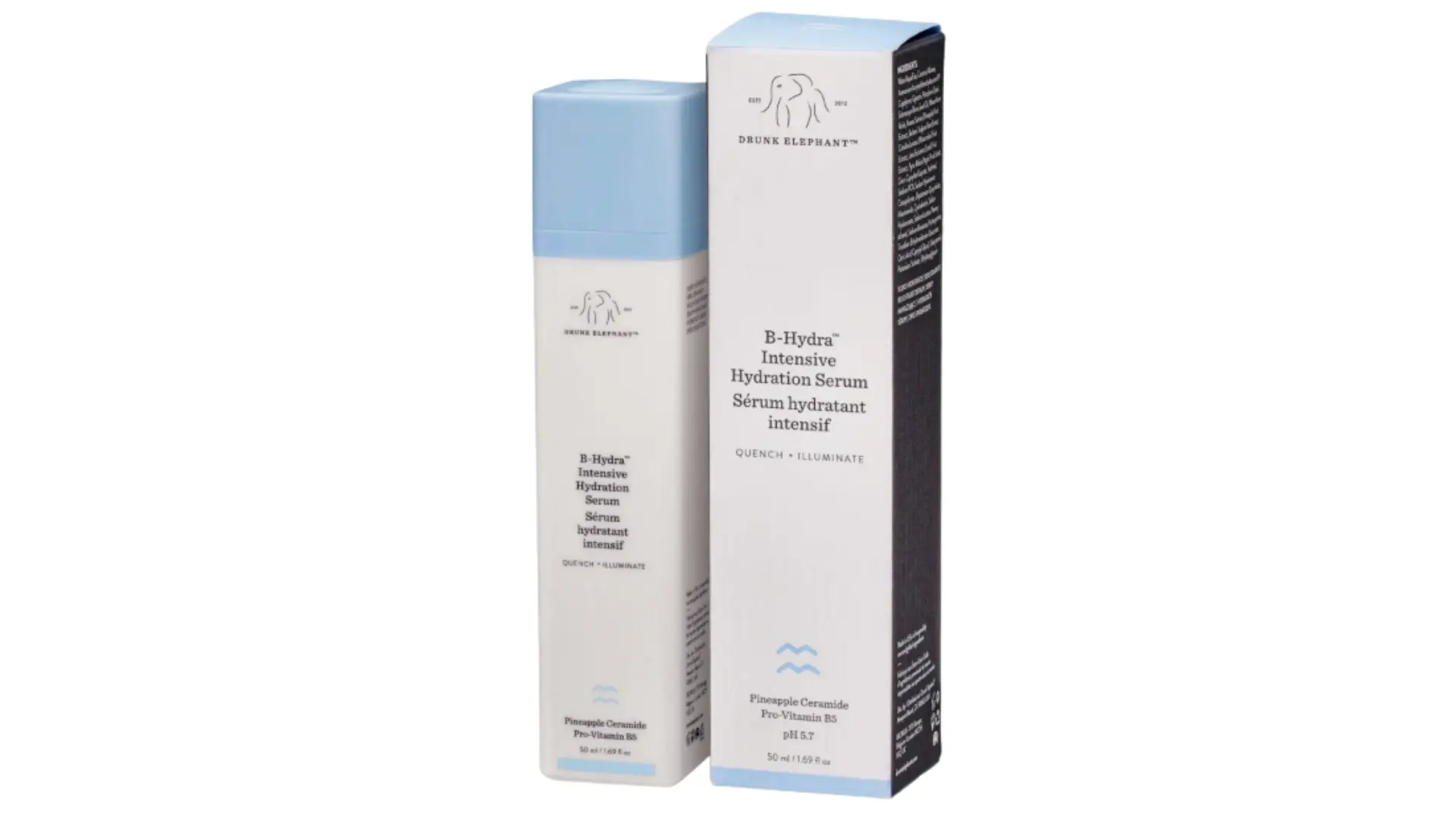 drunk elephant b-hydra intensive hydration serum bottle and box, 50 ml, displayed together on a white background