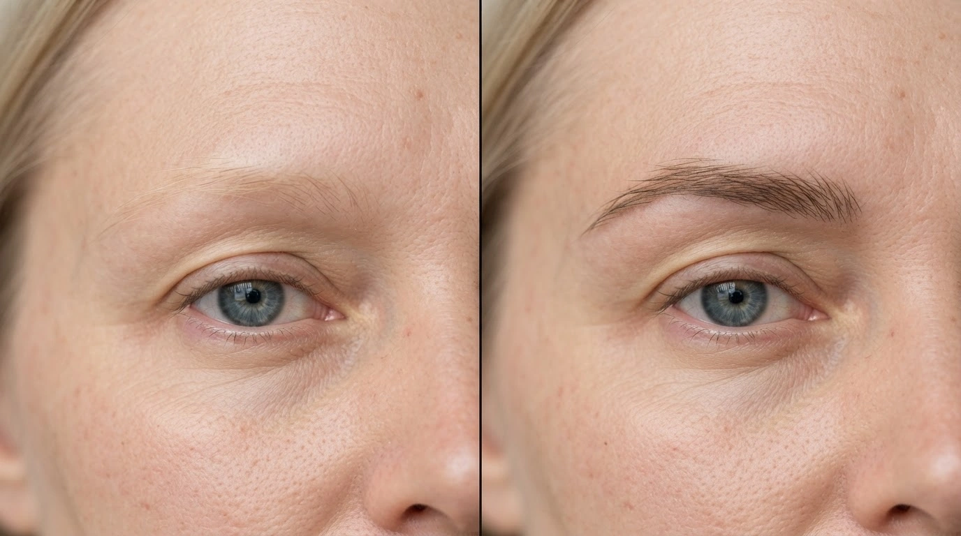 fine eyebrow tint before and after on white american woman showing natural brow definition and skin texture