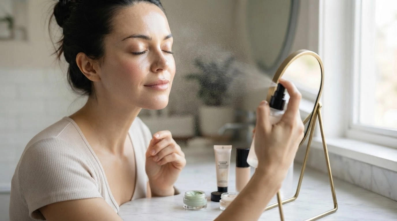woman applying setting spray to finish and lock her makeup look naturally