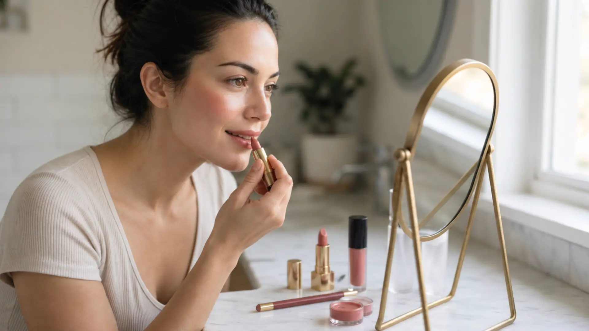 woman applying setting powder with a fluffy brush at a bright vanity beside makeup products and a gold tabletop mirror