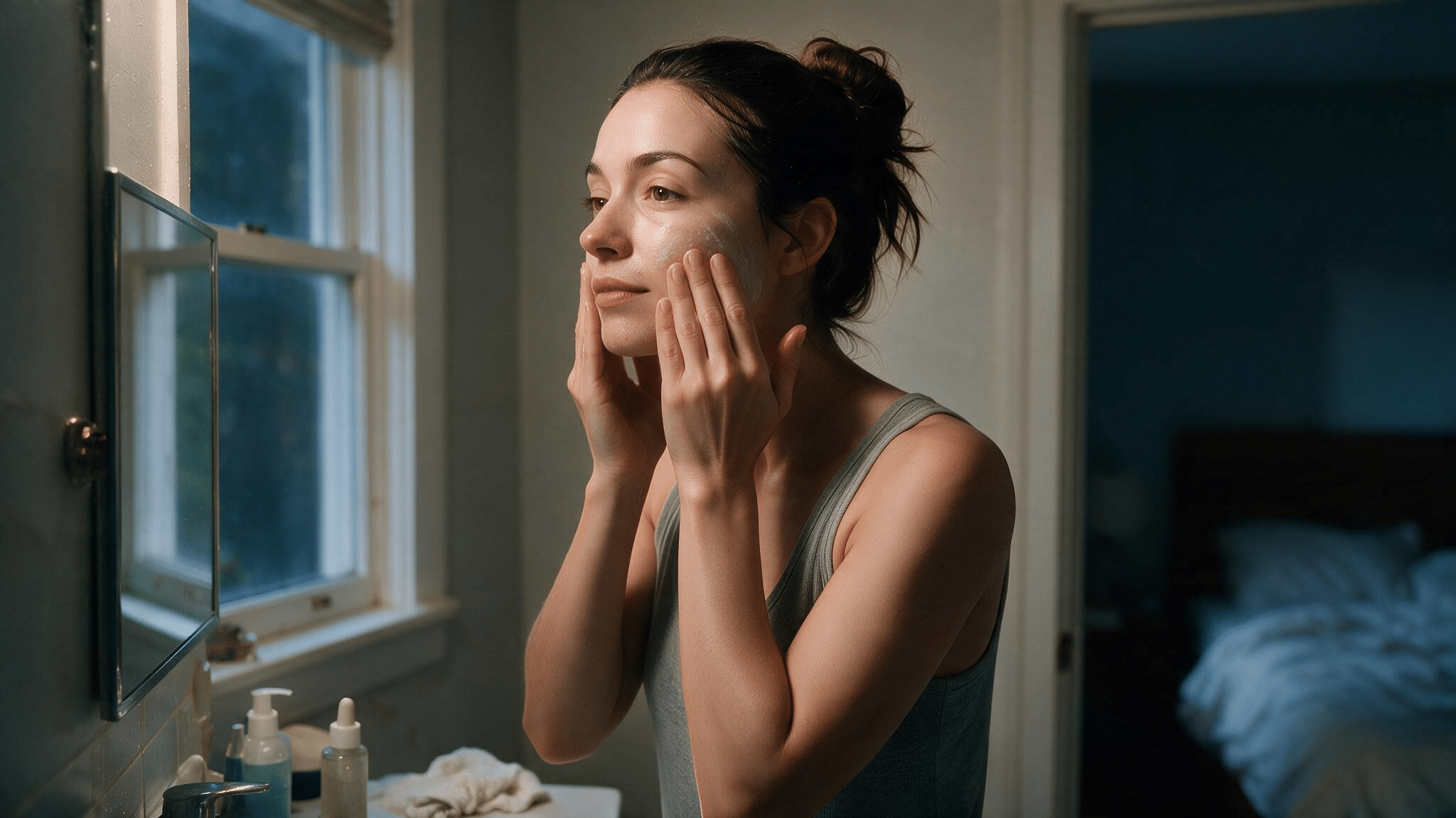 woman applying moisturizer before bed to support skin barrier with realistic complexion and skincare products