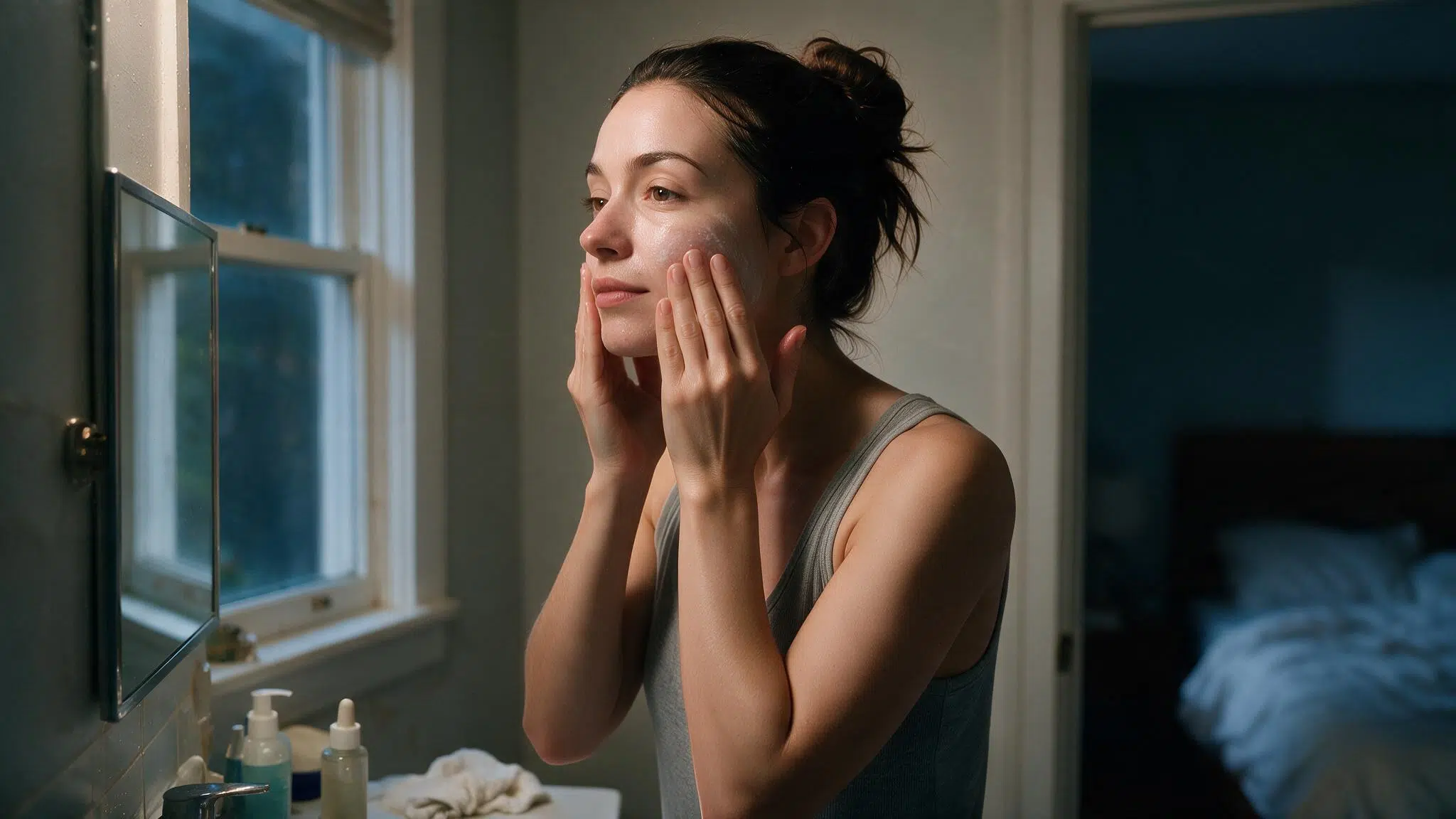 woman applying moisturizer before bed to support skin barrier with realistic complexion and skincare products