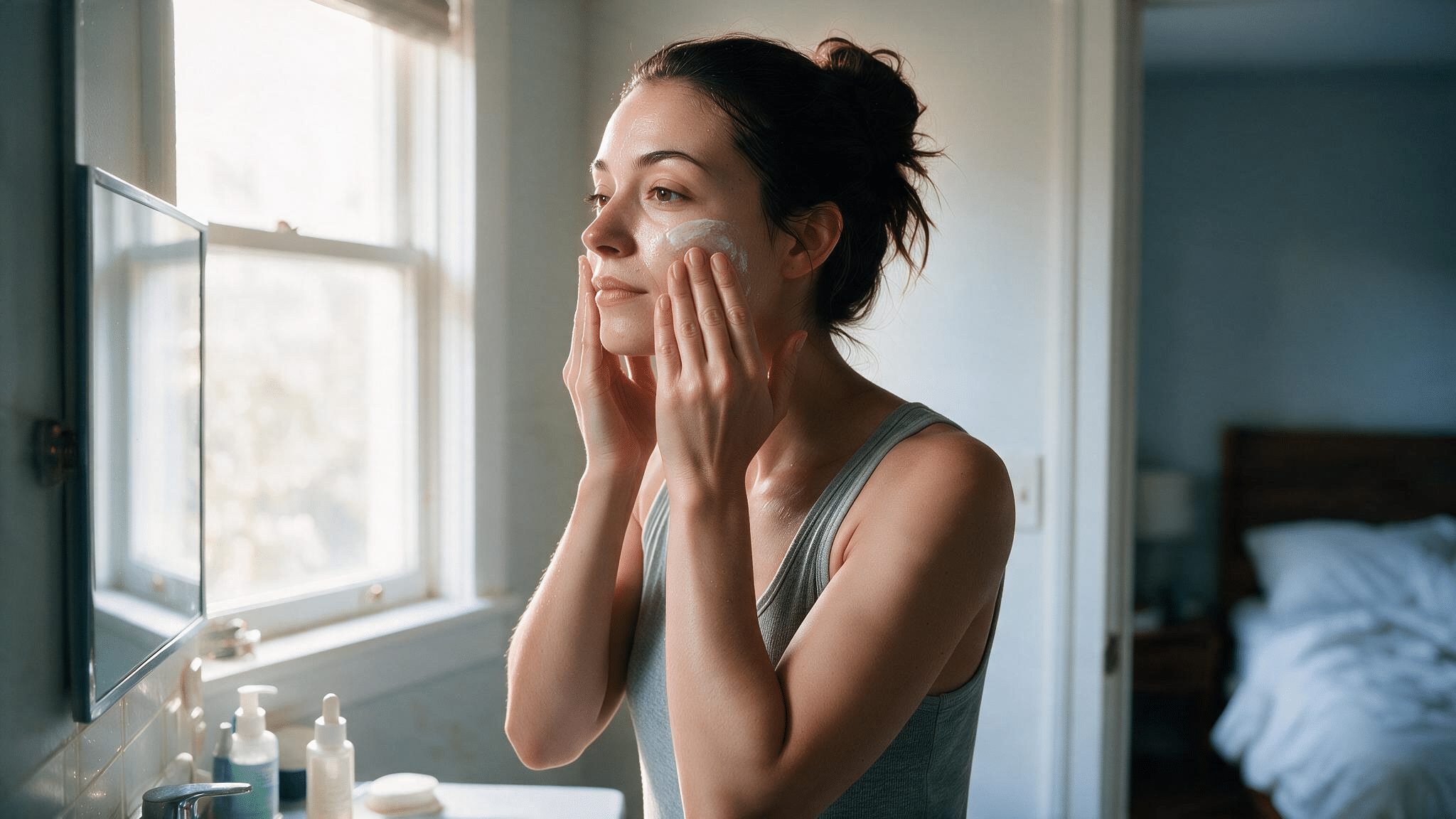 woman applying sunscreen before leaving home to protect skin from sunlight and uneven pigmentation