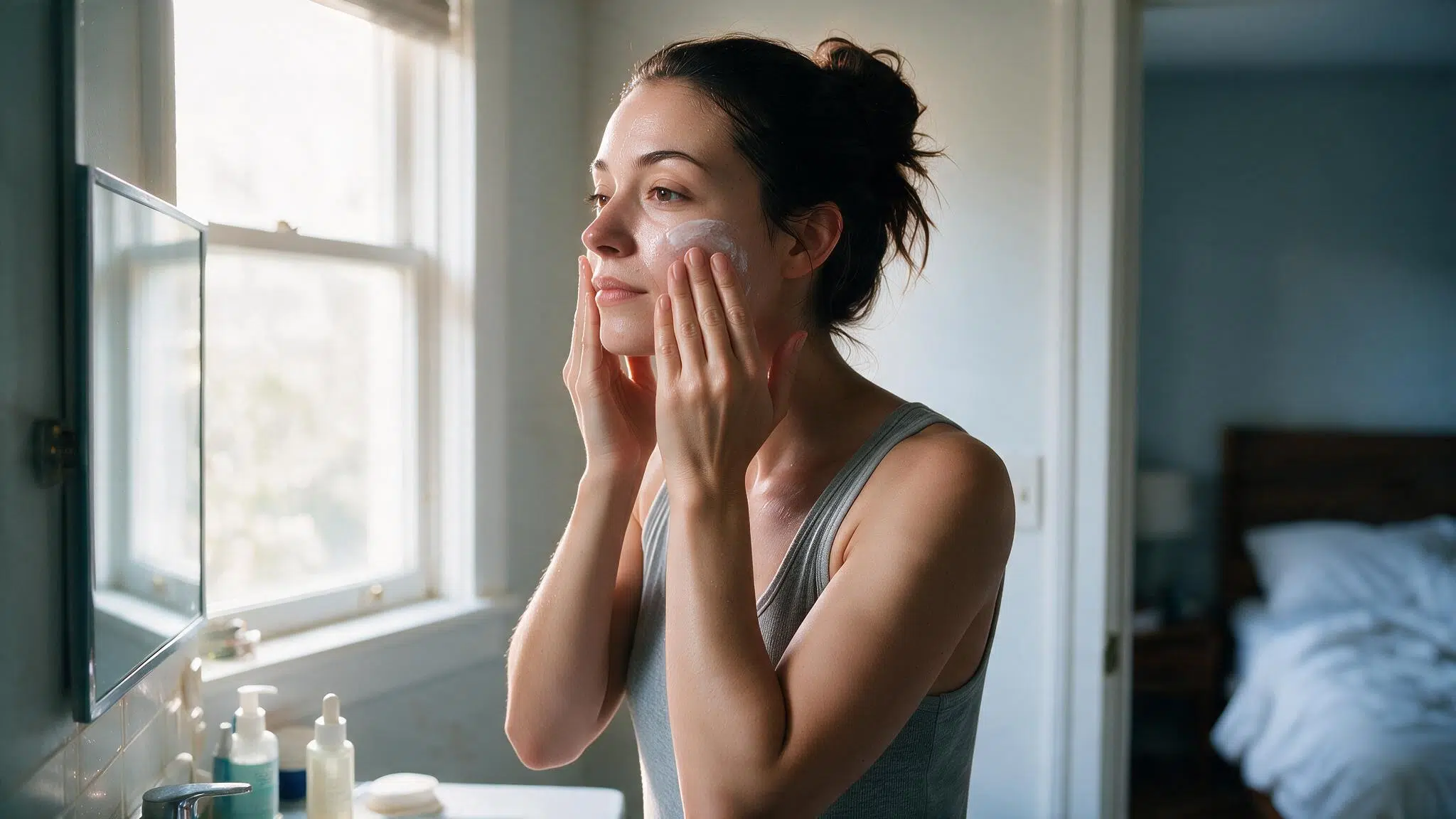 woman applying sunscreen before leaving home to protect skin from sunlight and uneven pigmentation