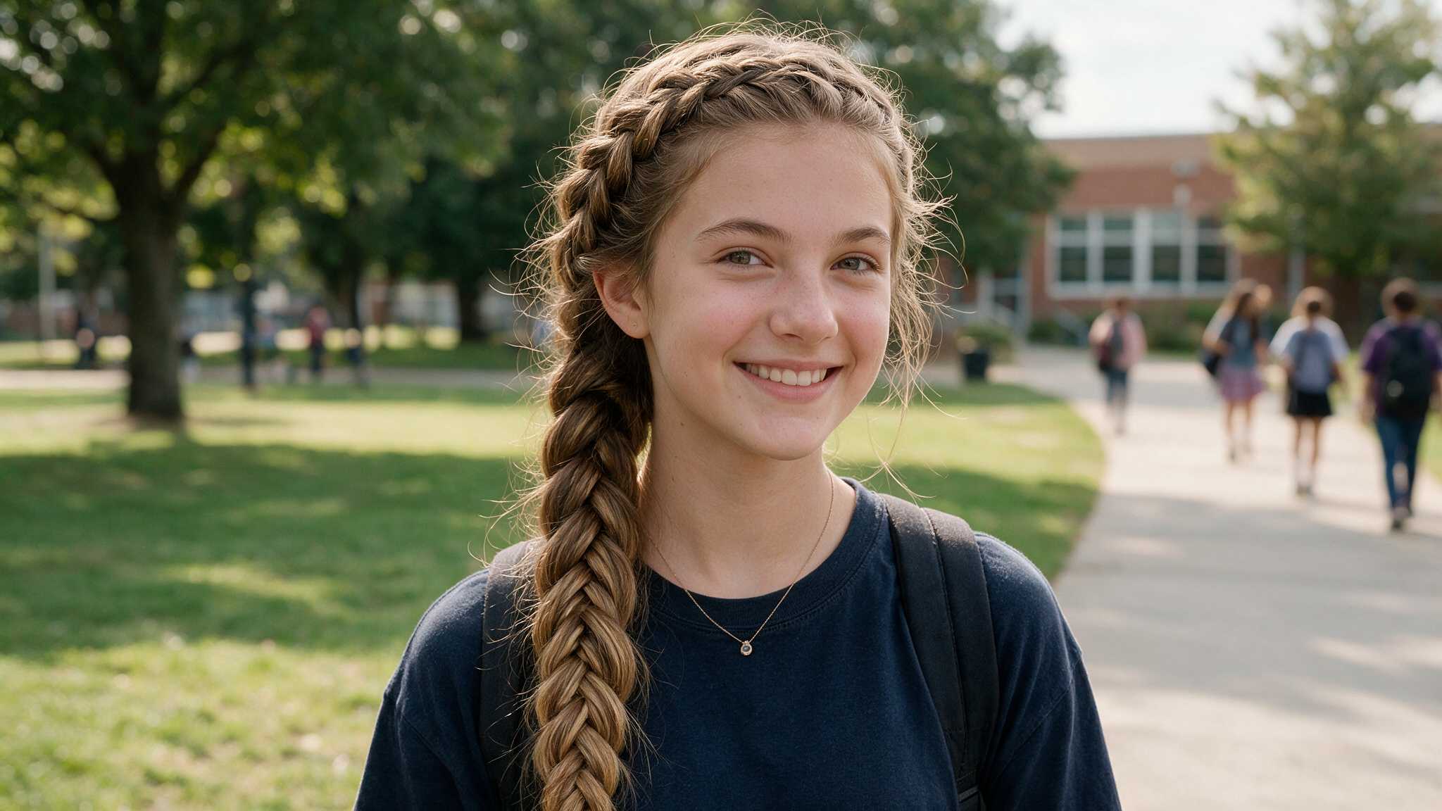 teen girl wearing fishtail braid with realistic woven texture and loose strands